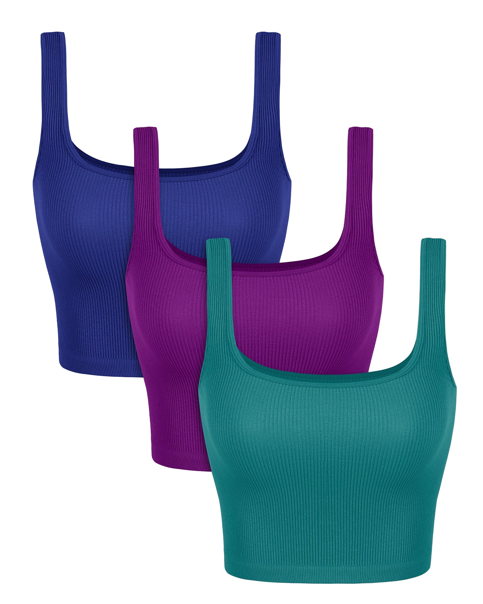 3-Pack Long Crop Length Seamless Square Neck Ribbed Knit Tank Phlox+sea Green+lapis - ododos
