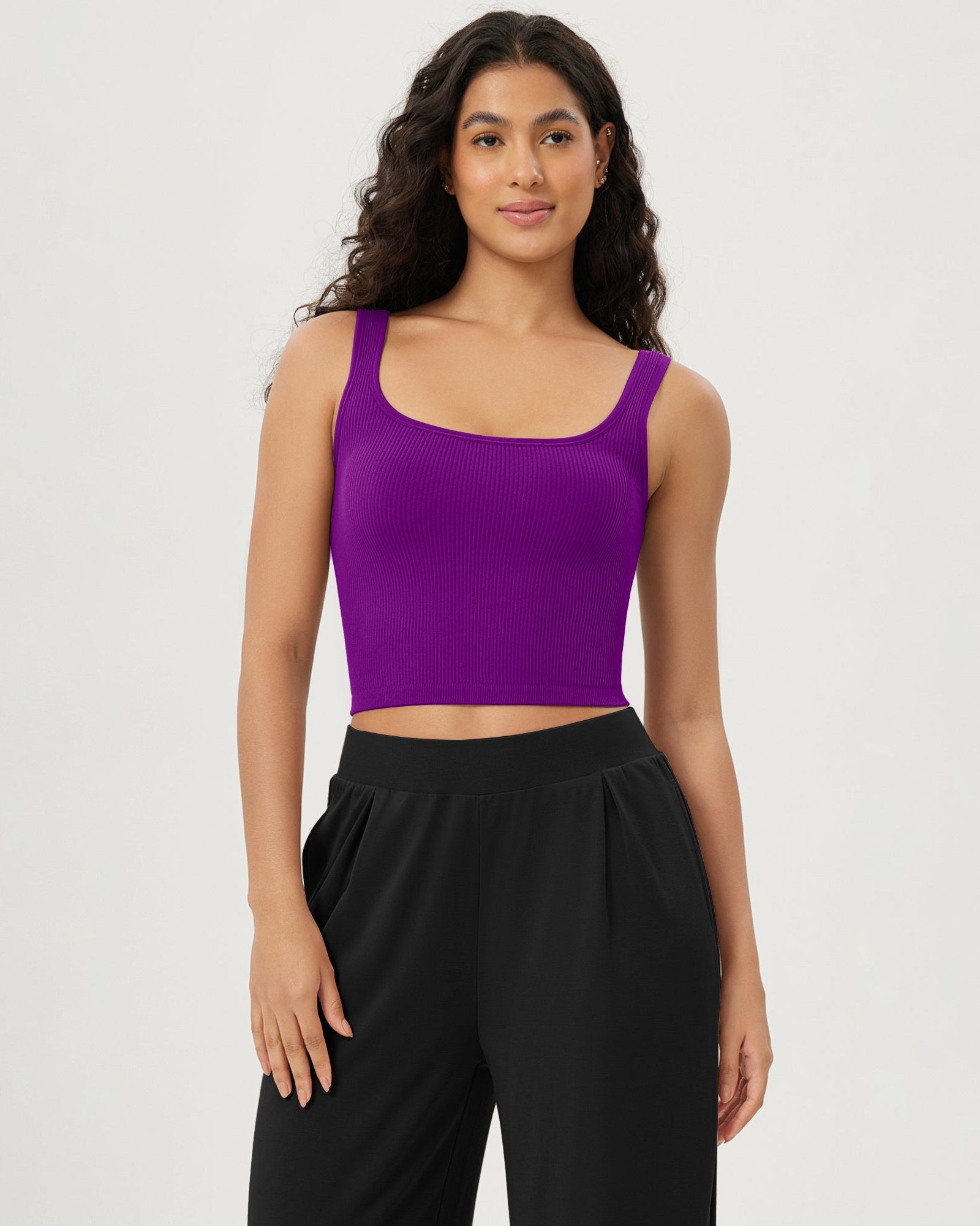 3-Pack Long Crop Length Seamless Square Neck Ribbed Knit Tank - ododos