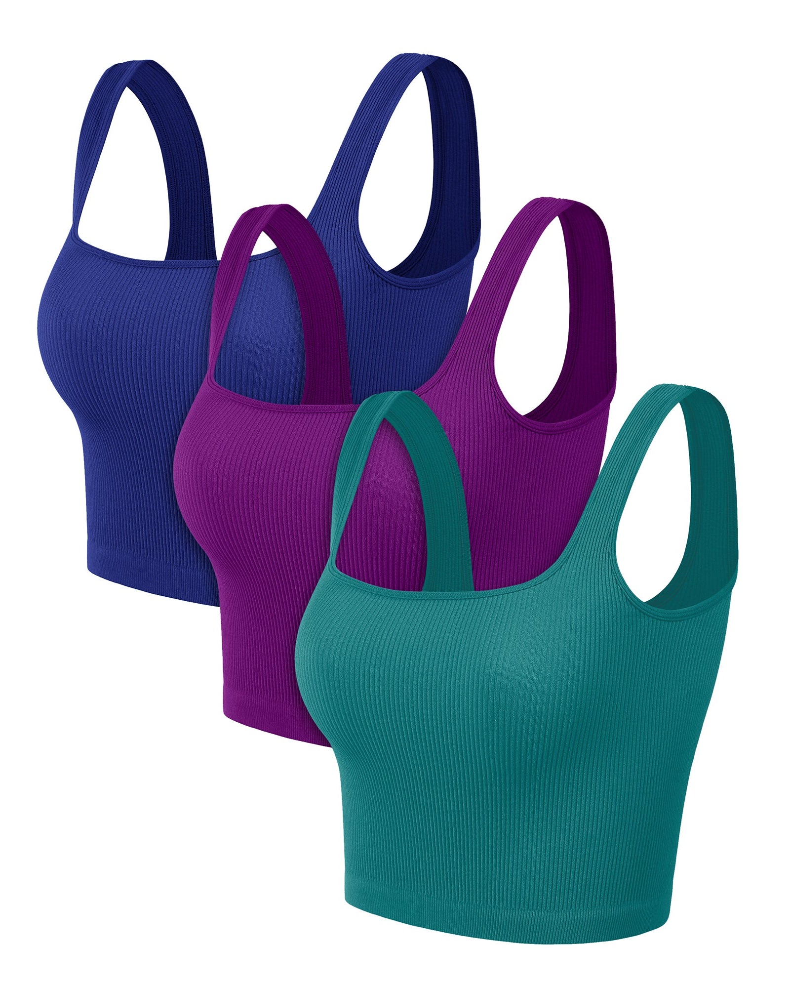 3-Pack Long Crop Length Seamless Square Neck Ribbed Knit Tank - ododos