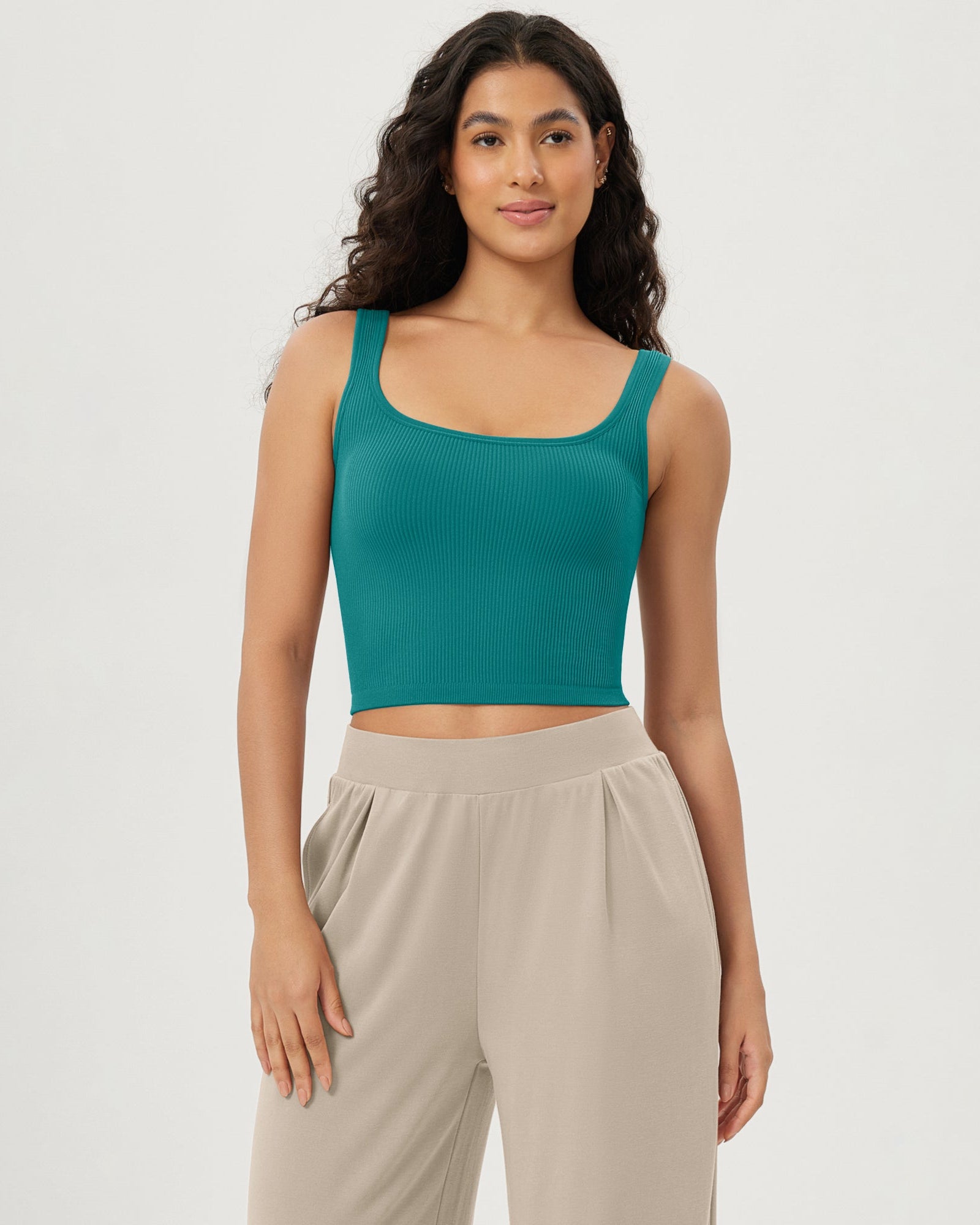 3-Pack Long Crop Length Seamless Square Neck Ribbed Knit Tank - ododos