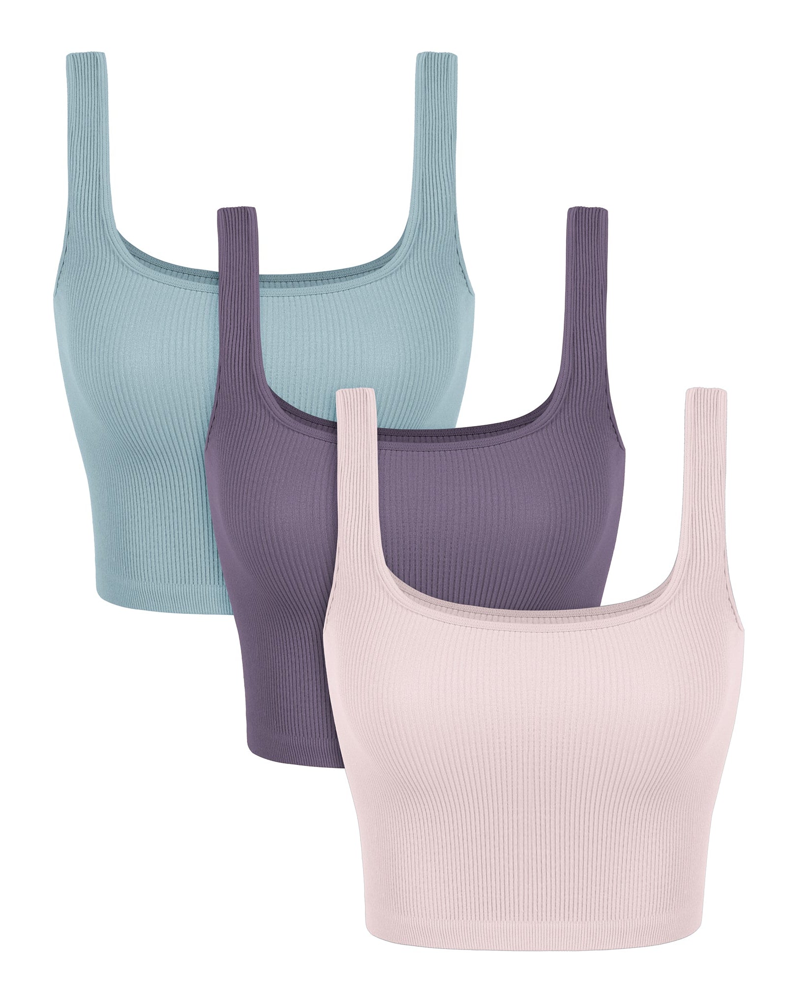 3-Pack Long Crop Length Seamless Square Neck Ribbed Knit Tank Violet+iceberg+pink Lace - ododos
