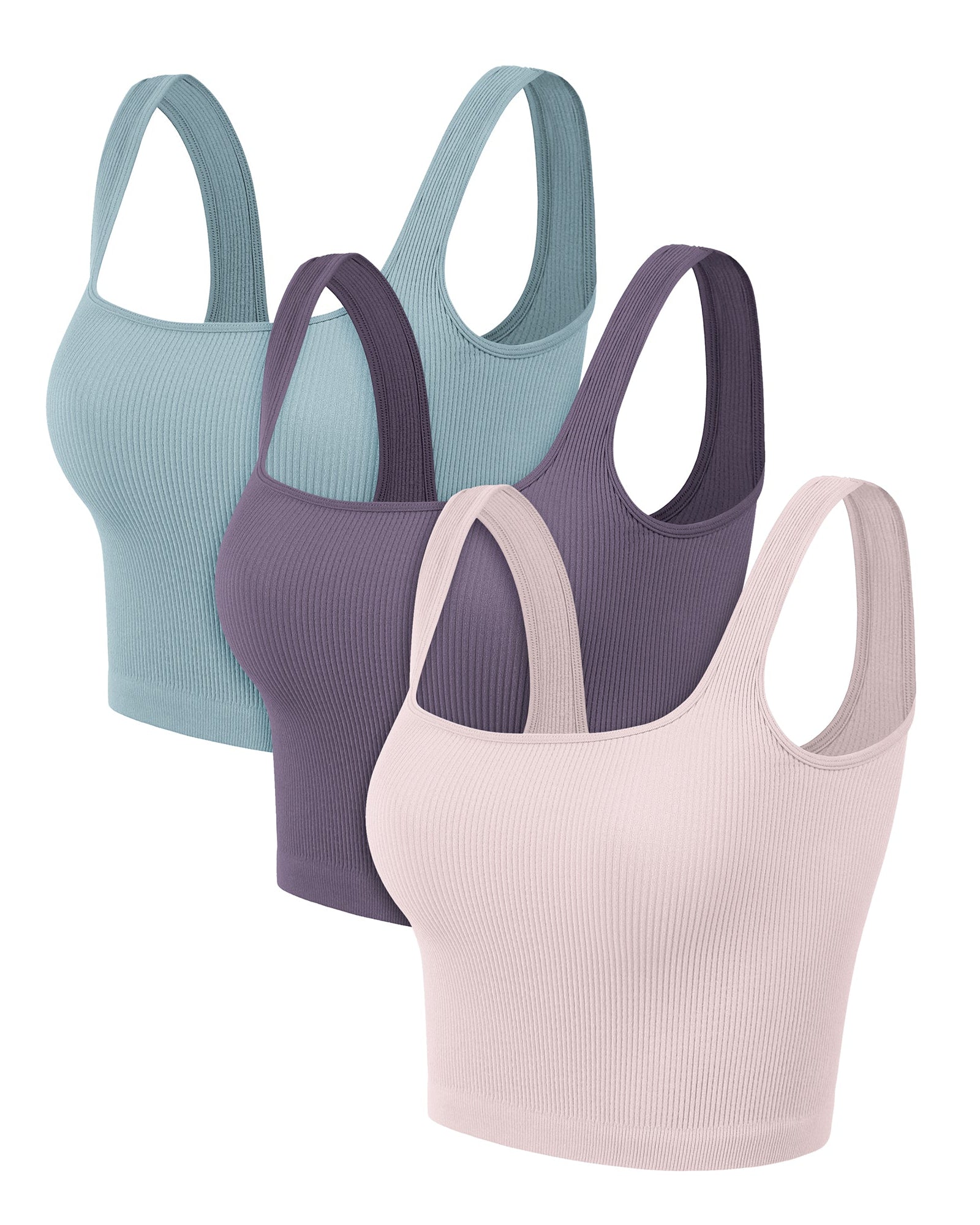 3-Pack Long Crop Length Seamless Square Neck Ribbed Knit Tank - ododos