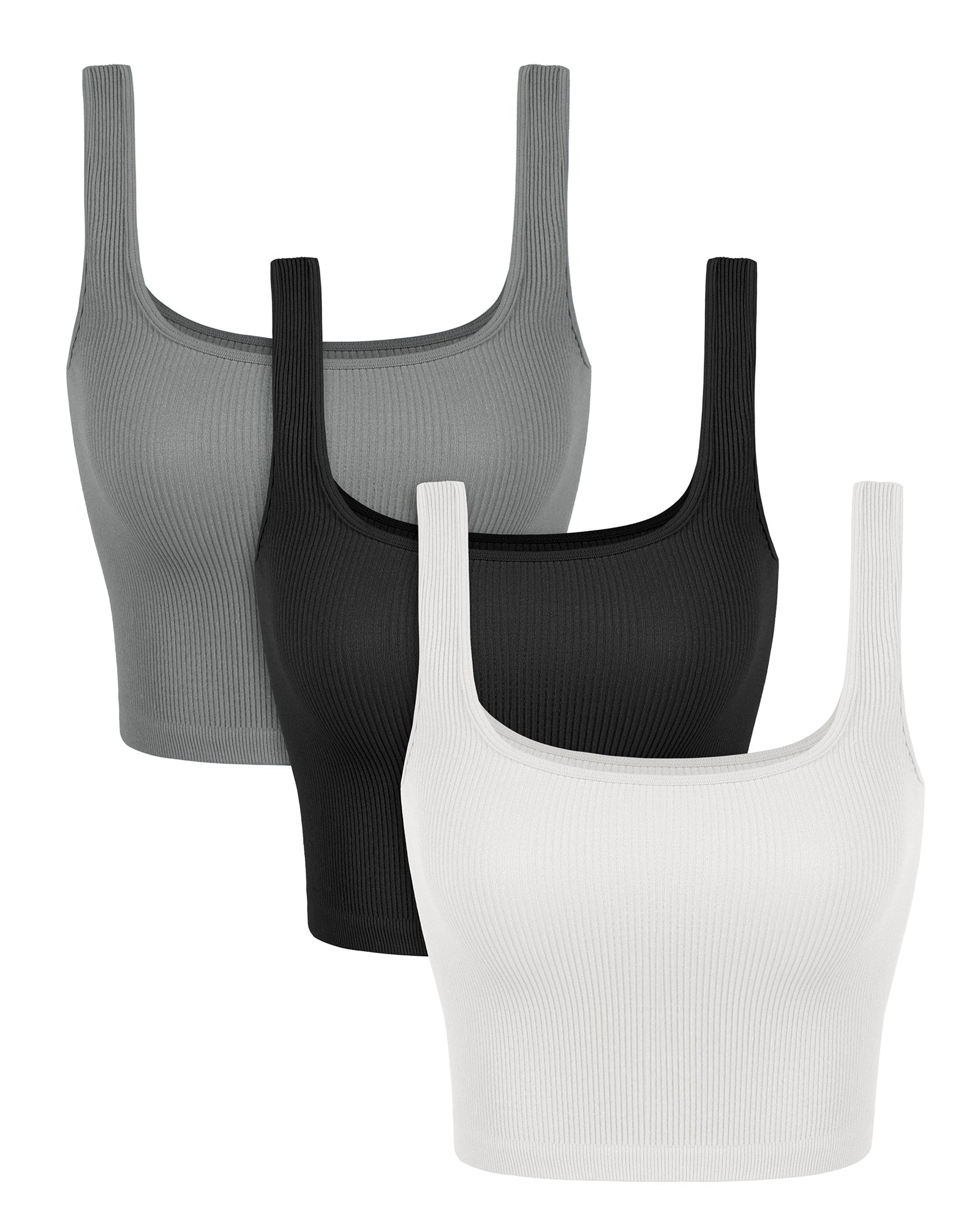 3-Pack Long Crop Length Seamless Square Neck Ribbed Knit Tank White+Gray+Black - ododos