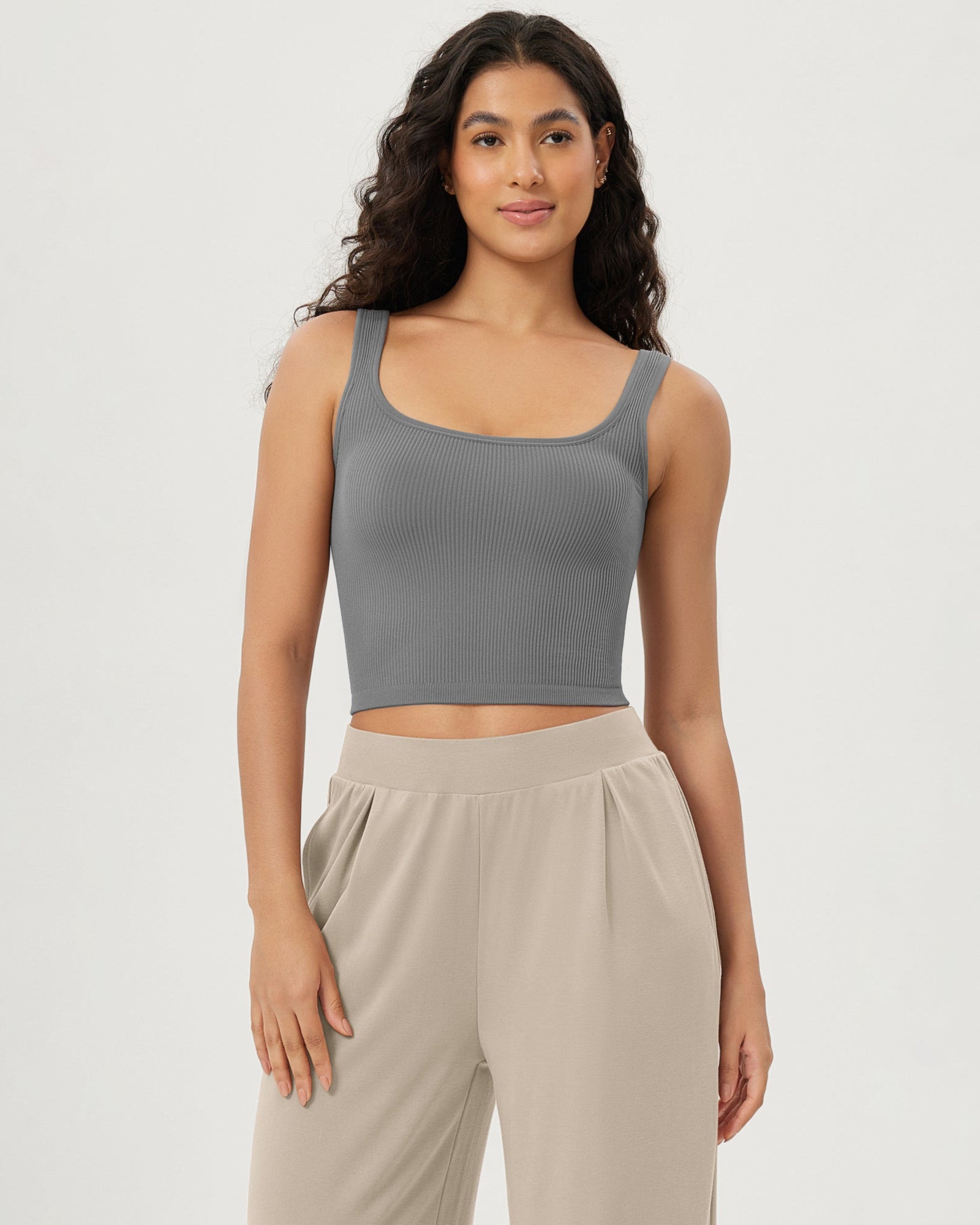 3-Pack Long Crop Length Seamless Square Neck Ribbed Knit Tank - ododos