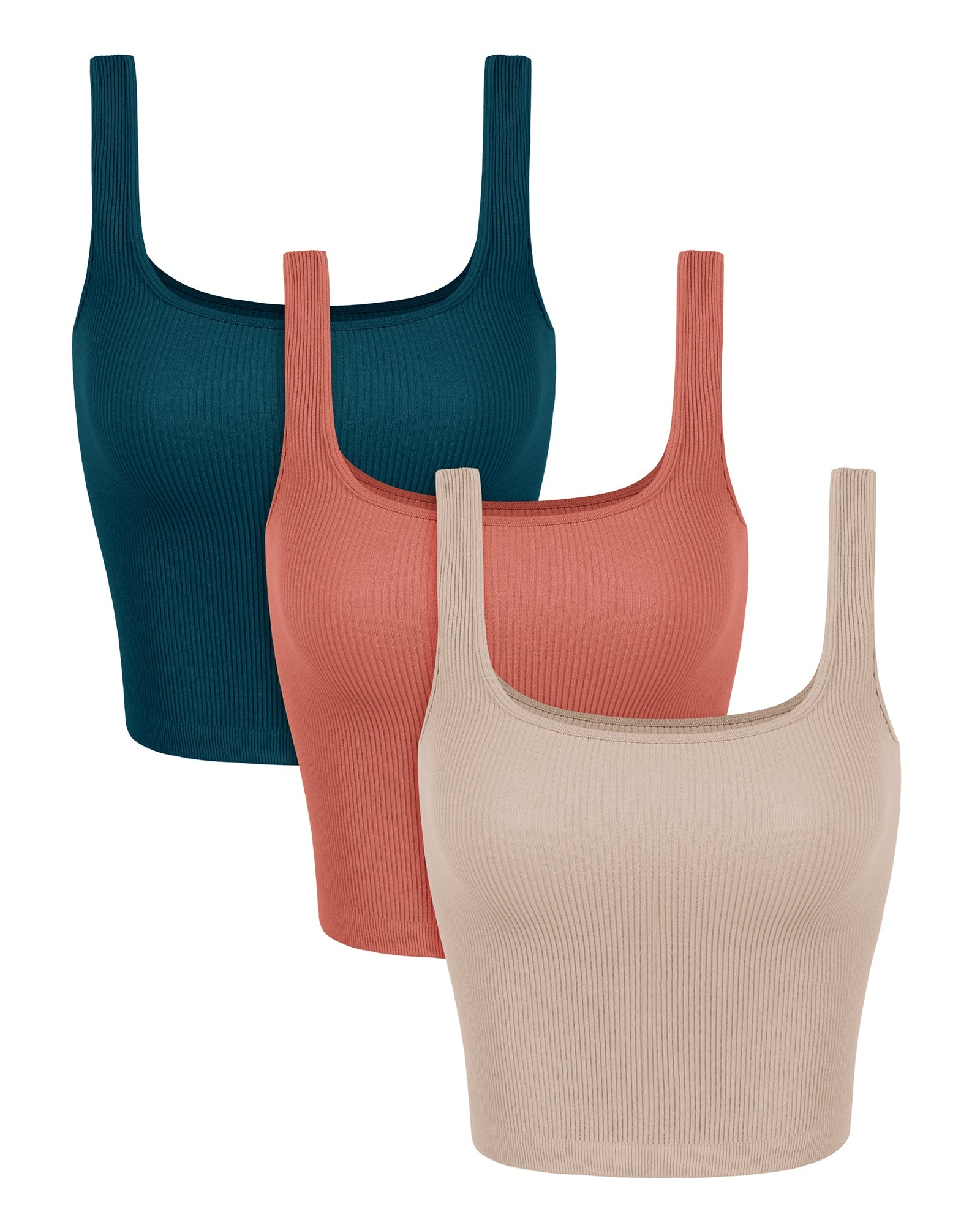 3-Pack Waist Length Seamless Square Neck Ribbed Knit Tank Beige+Coral+Teal - ododos