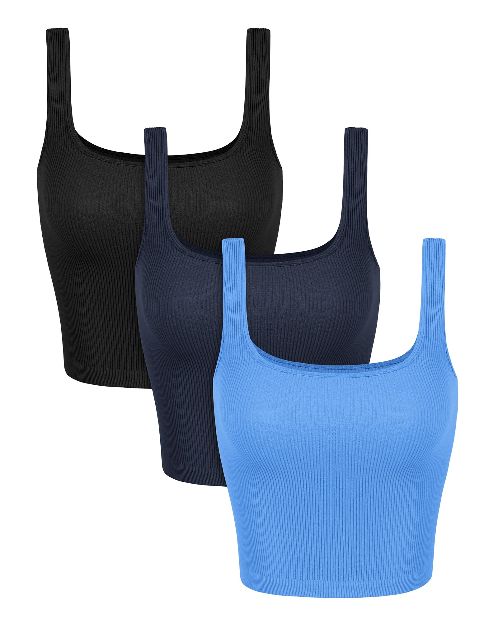 3-Pack Waist Length Seamless Square Neck Ribbed Knit Tank Black+navy+blue - ododos