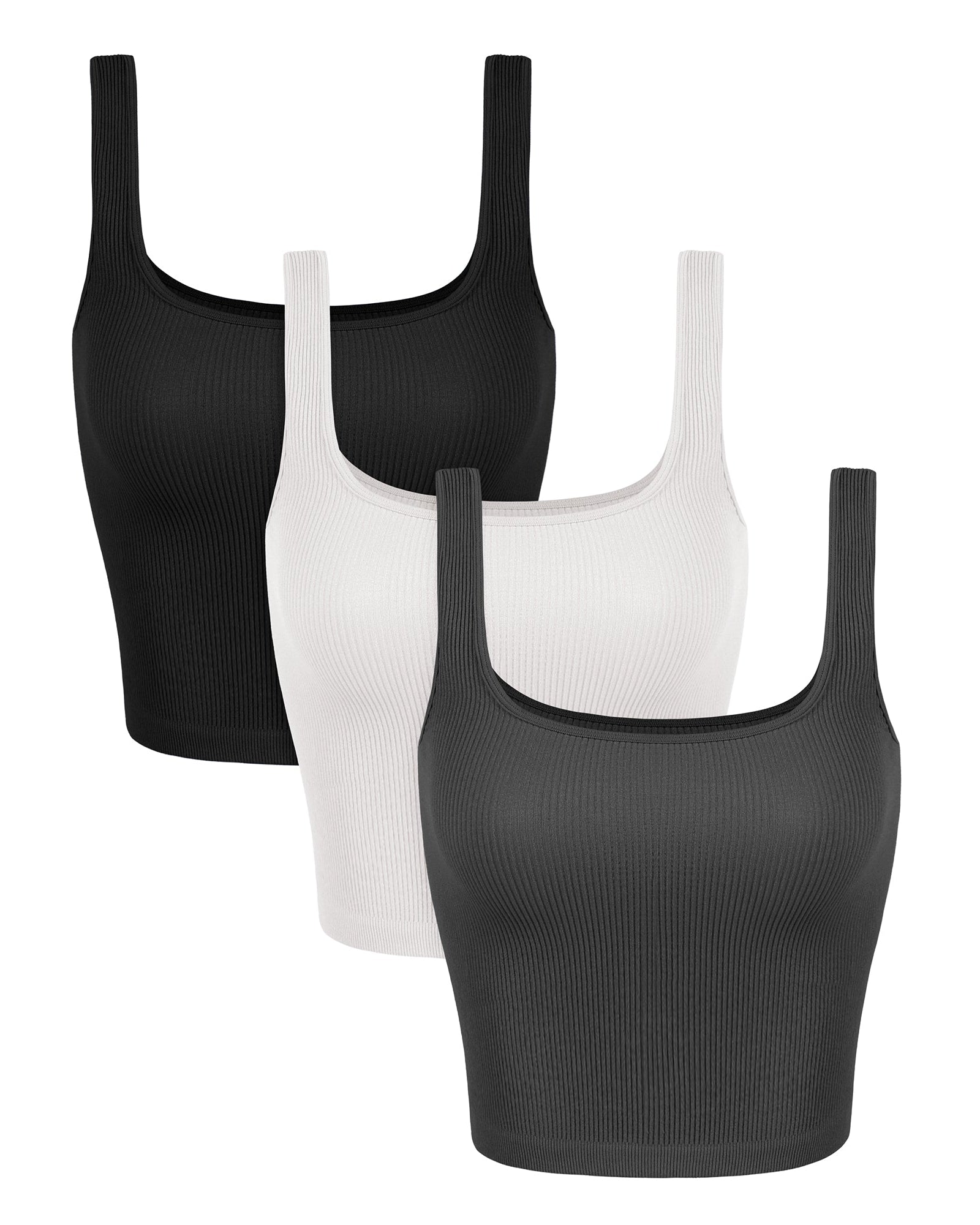 3-Pack Waist Length Seamless Square Neck Ribbed Knit Tank Black+white+charcoal - ododos