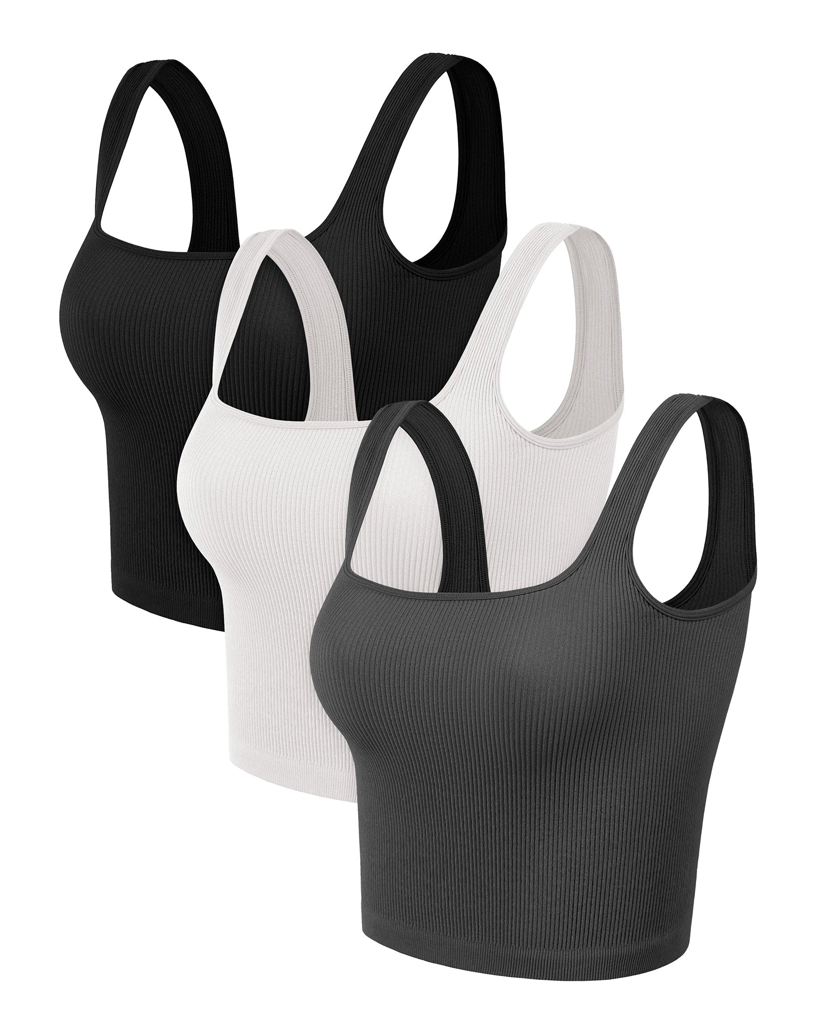 3-Pack Waist Length Seamless Square Neck Ribbed Knit Tank - ododos
