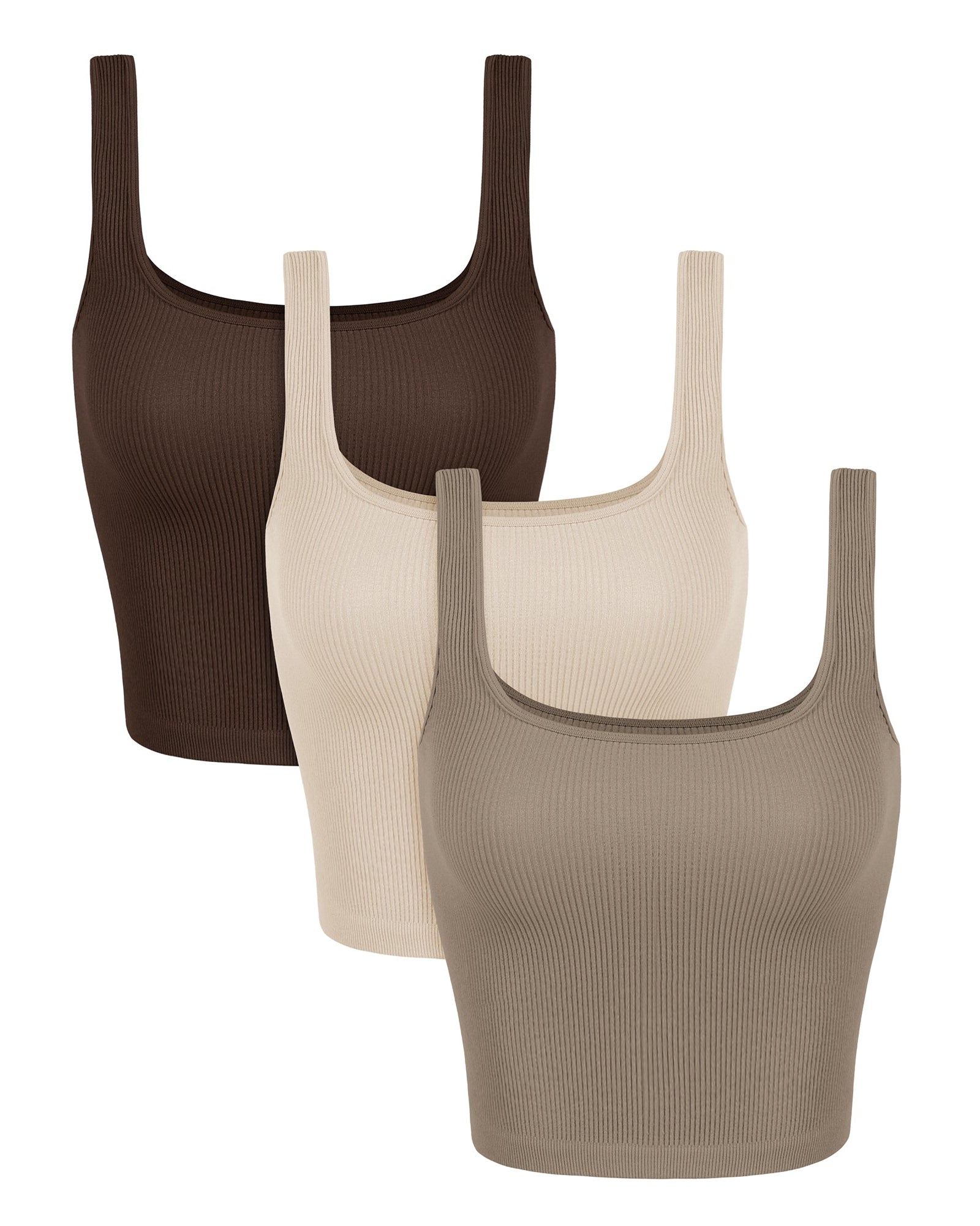 3-Pack Waist Length Seamless Square Neck Ribbed Knit Tank Brunette+oatmeal+taupe - ododos