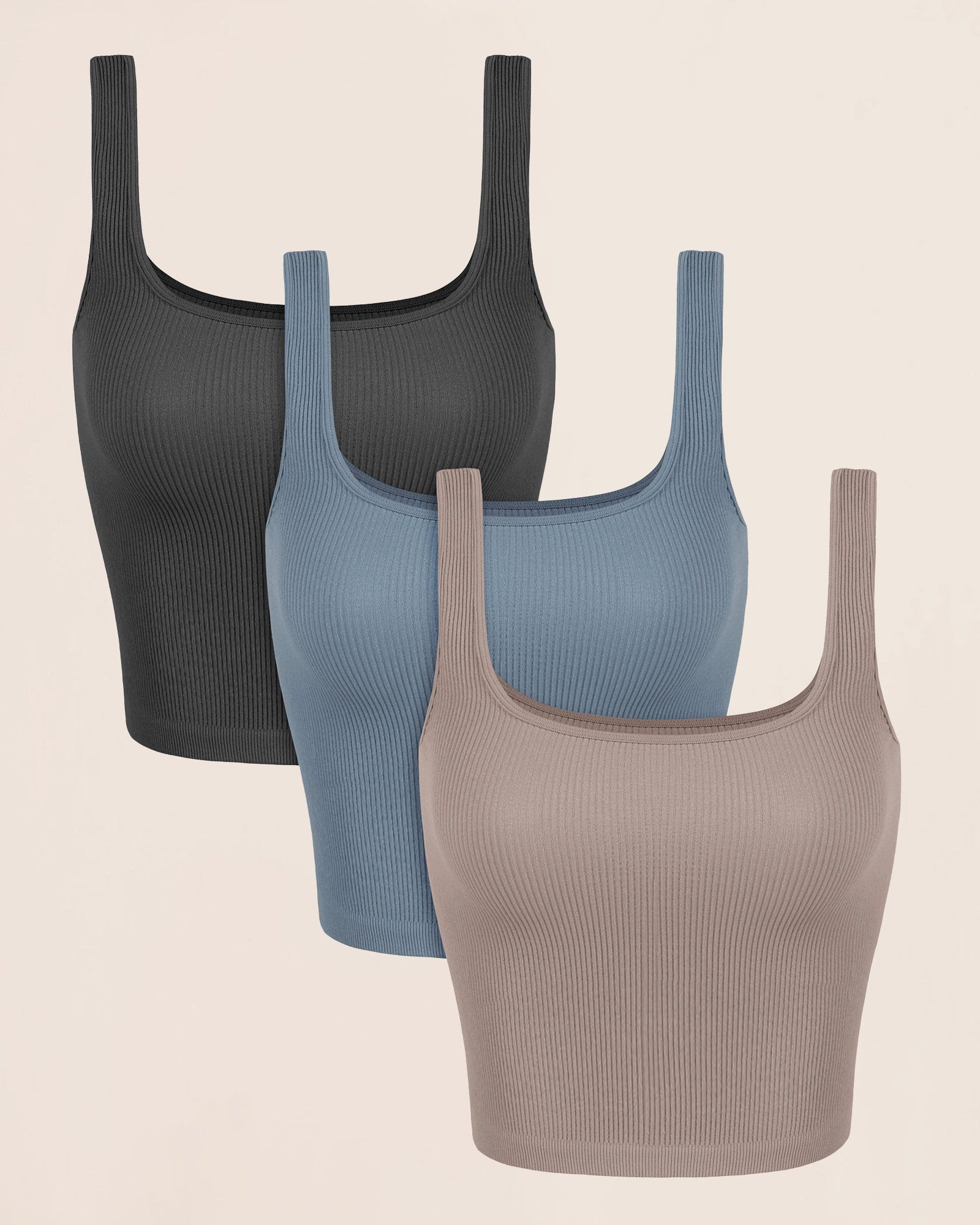 3-Pack Waist Length Seamless Square Neck Ribbed Knit Tank Charcoal+dusty Blue+bark - ododos