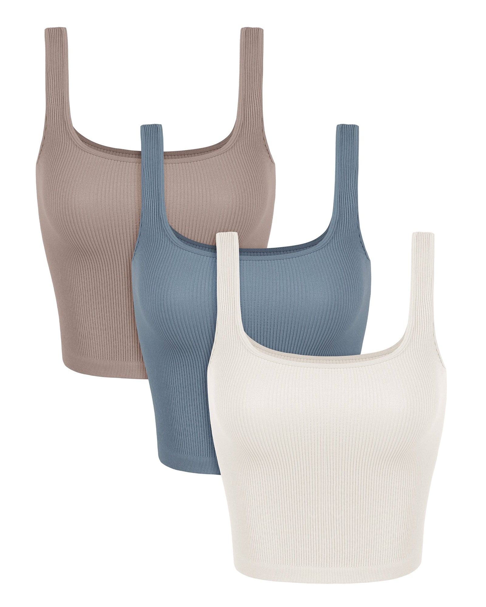 3-Pack Waist Length Seamless Square Neck Ribbed Knit Tank Ivory+Dusty Blue+Sphinx - ododos