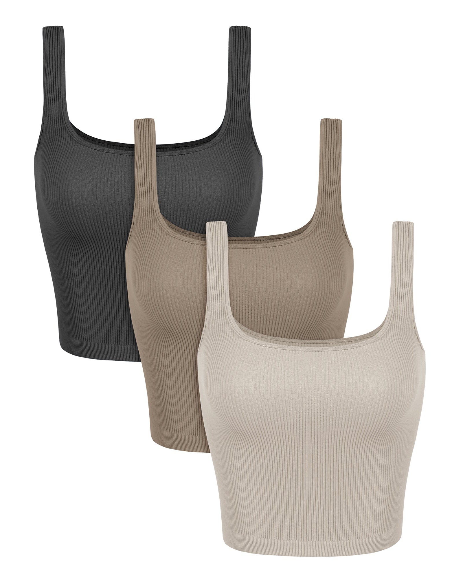 3-Pack Waist Length Seamless Square Neck Ribbed Knit Tank Mushroom+Taupe+Charcoal - ododos