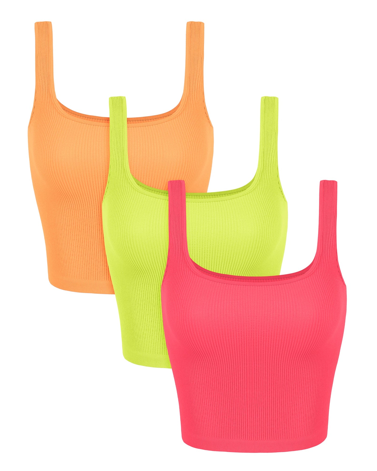 3-Pack Waist Length Seamless Square Neck Ribbed Knit Tank Neon Pink+green+orange - ododos