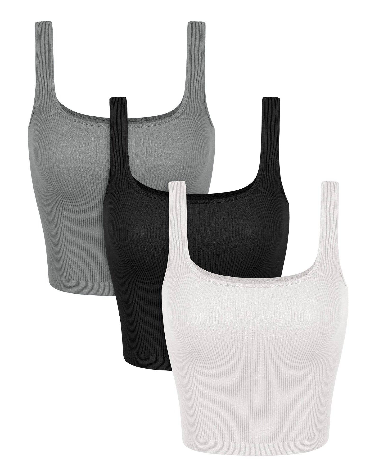 3-Pack Waist Length Seamless Square Neck Ribbed Knit Tank White+Gray+Black - ododos