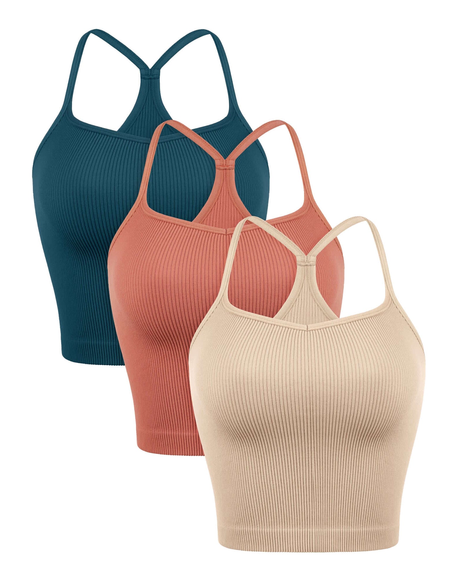 3-Pack Seamless Sweetheart Neck Crop Tank Tops Beige+Coral+Teal - ododos
