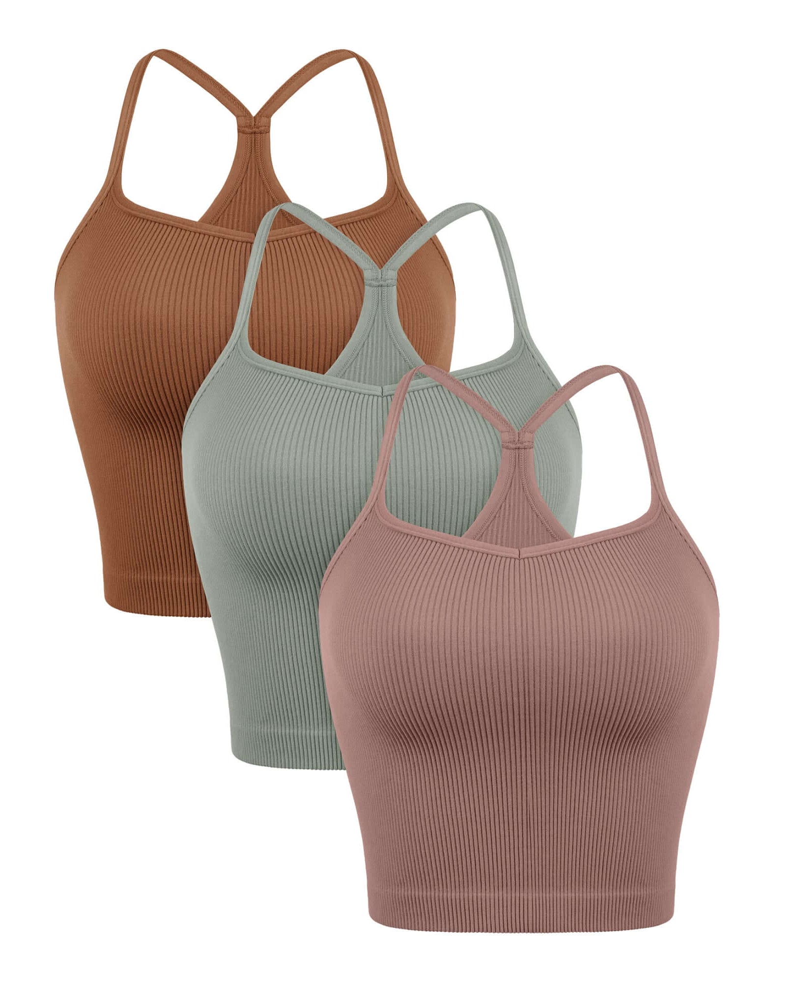 3-Pack Seamless Sweetheart Neck Crop Tank Tops Clove+Green Milieu+Clay - ododos