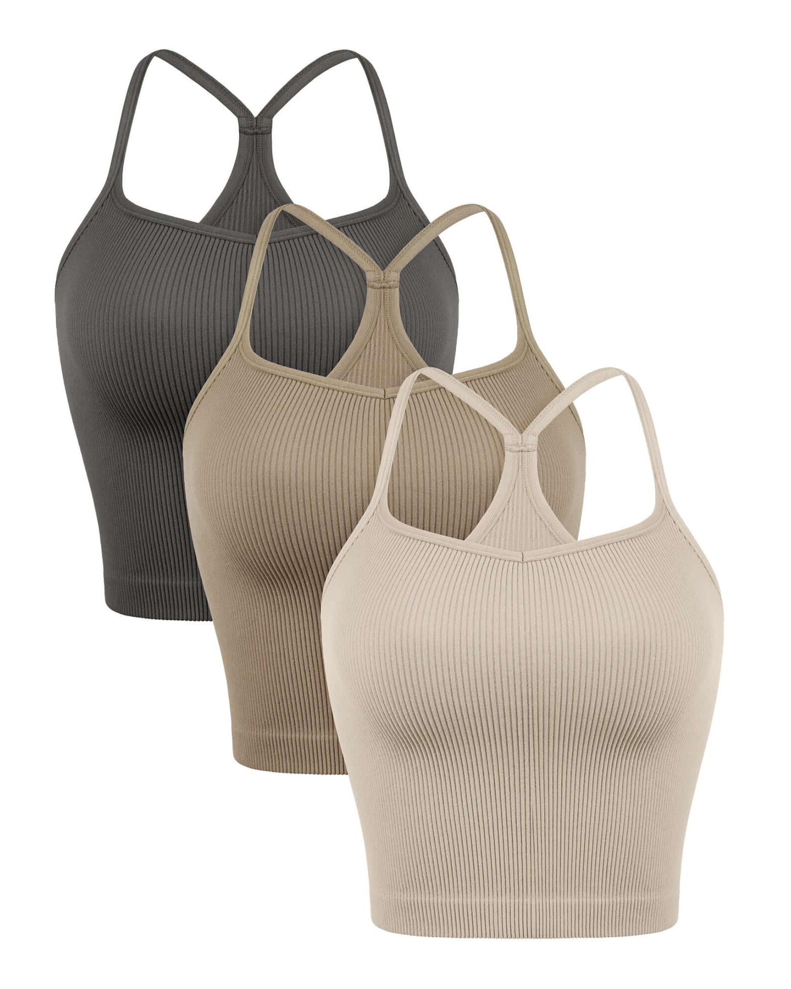 3-Pack Seamless Sweetheart Neck Crop Tank Tops Mushroom+Taupe+Charcoal - ododos