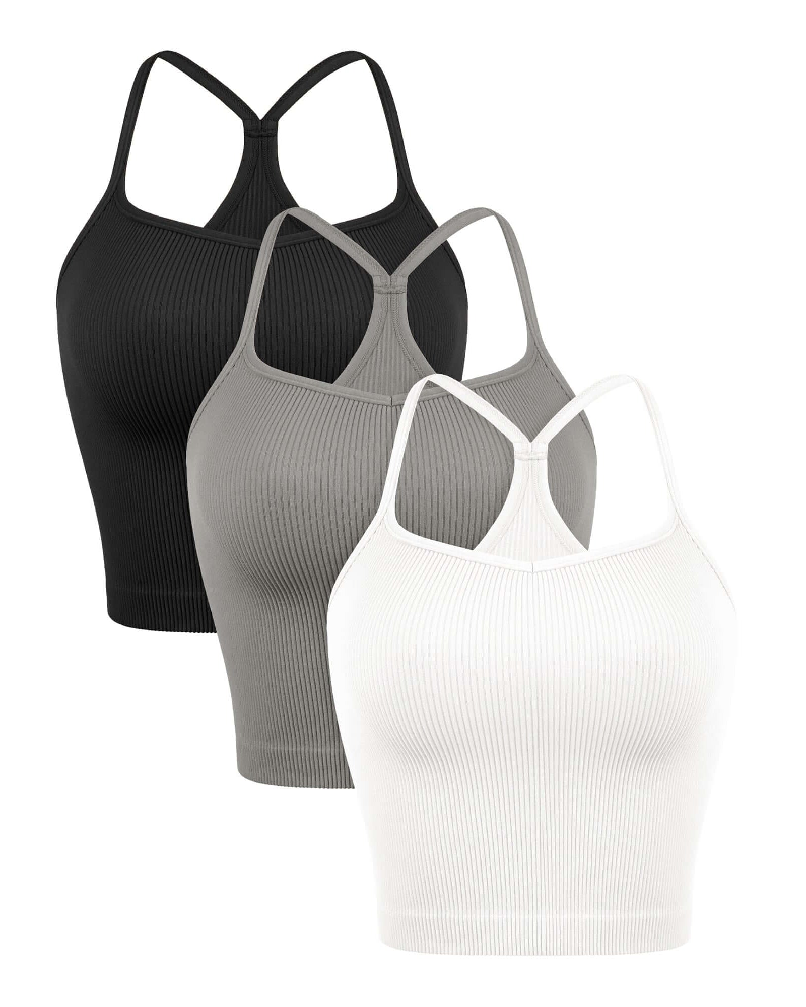 3-Pack Seamless Sweetheart Neck Crop Tank Tops White+Black+Gray - ododos