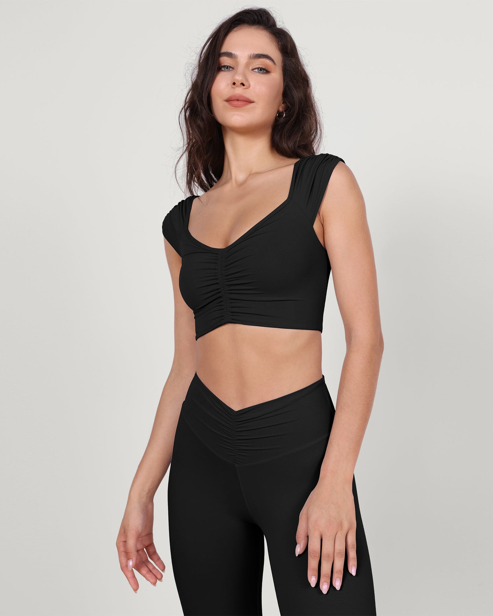 V-Neck Ruched Front Crop Tank Black - ododos