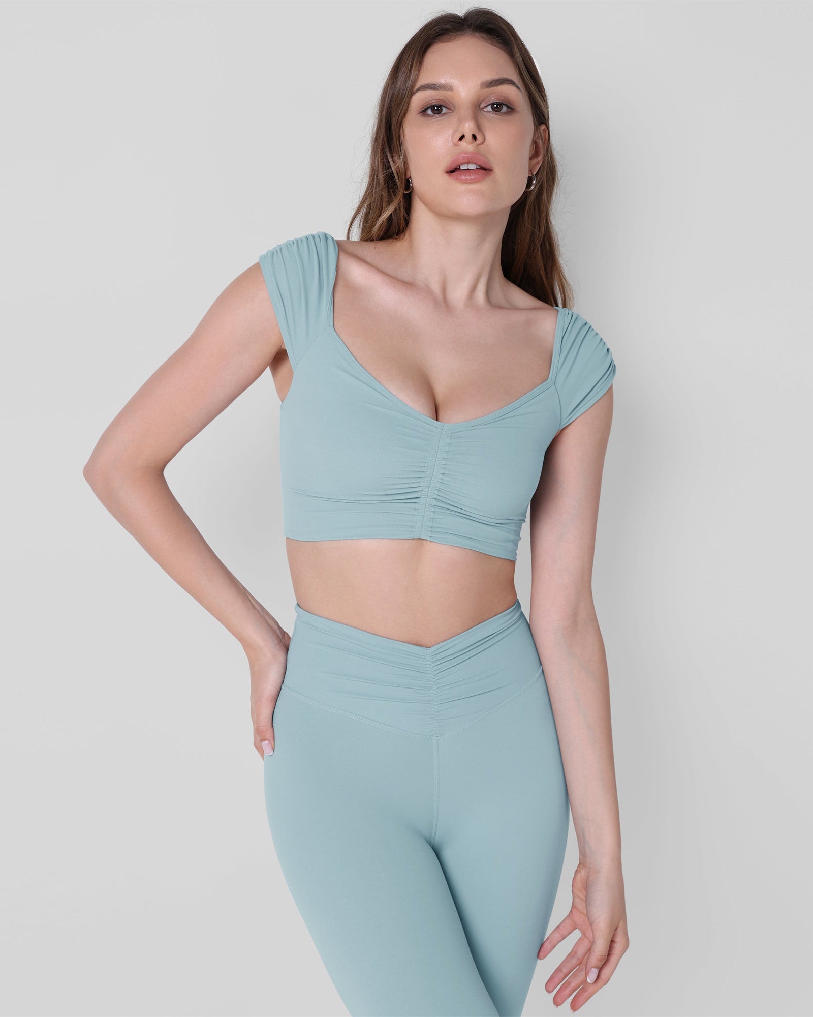 V-Neck Ruched Front Crop Tank Chambray - ododos