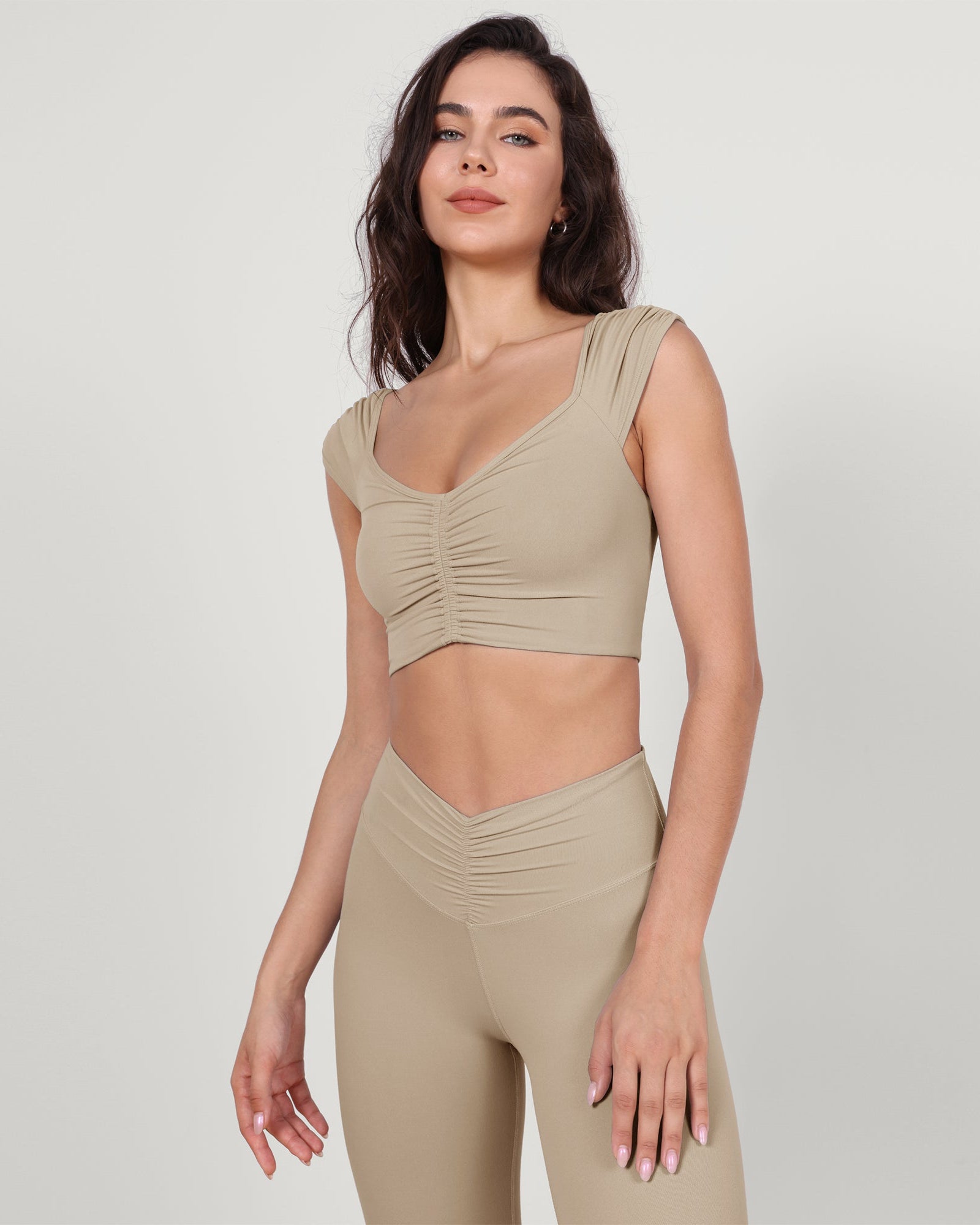 V-Neck Ruched Front Crop Tank Shaker Beige - ododos