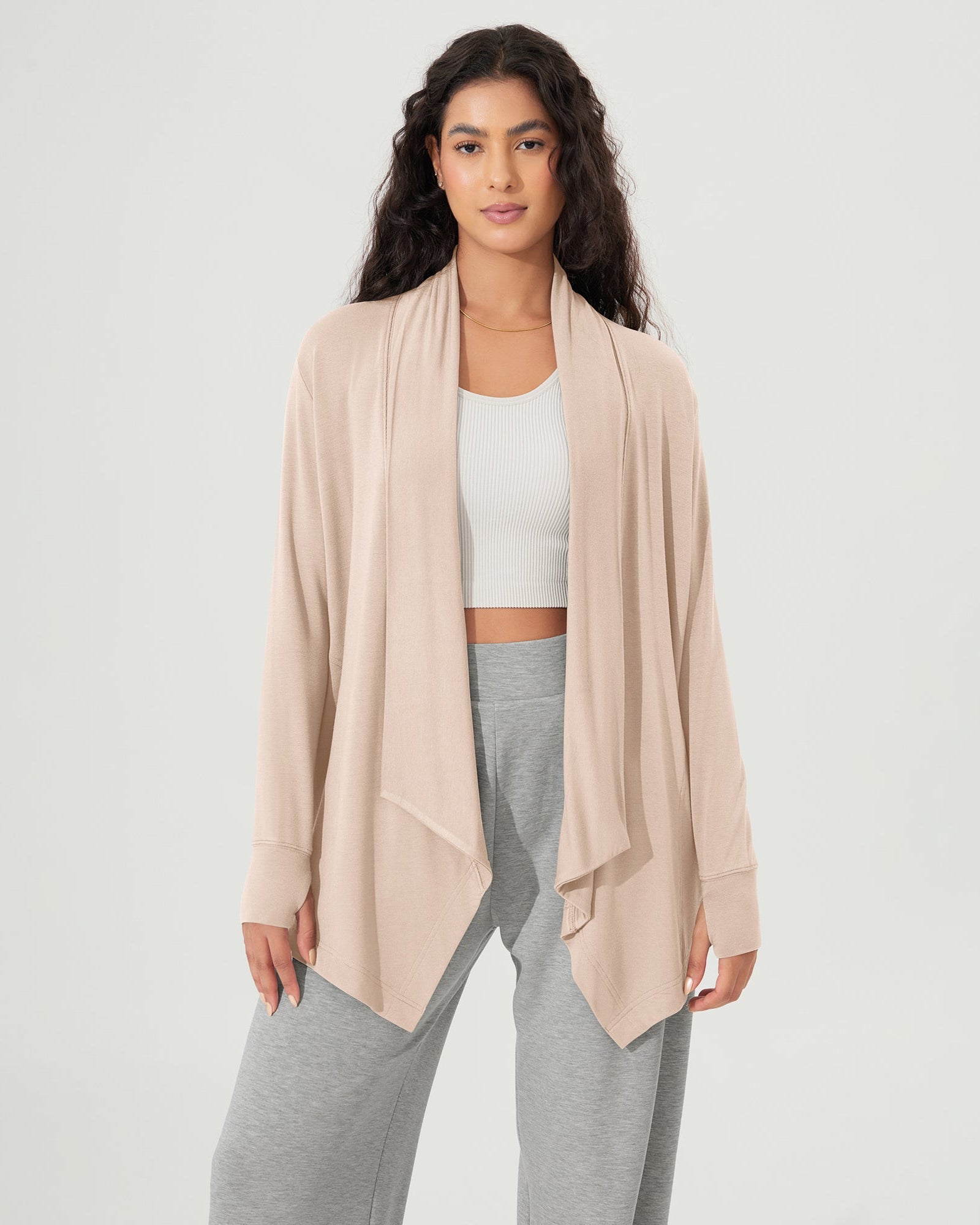 Drape Open Front Cozy Soft Cardigans Outerwear with Pockets Thumb Hole Beige - ododos