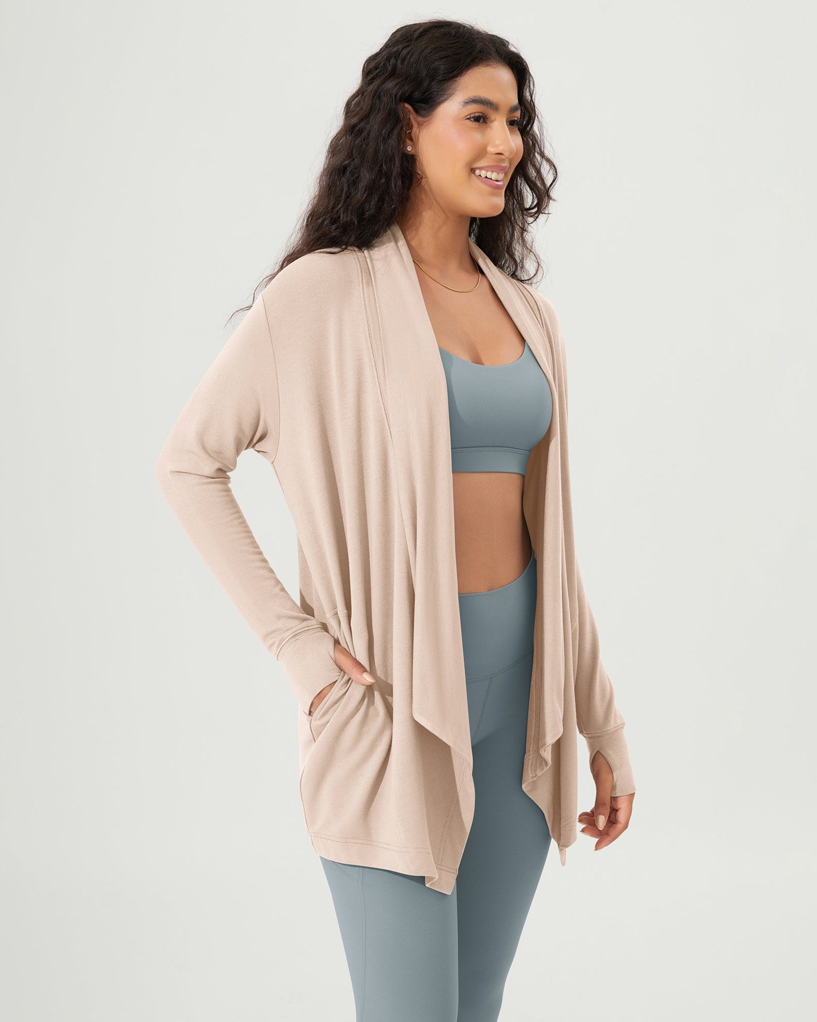 Drape Open Front Cozy Soft Cardigans Outerwear with Pockets Thumb Hole - ododos