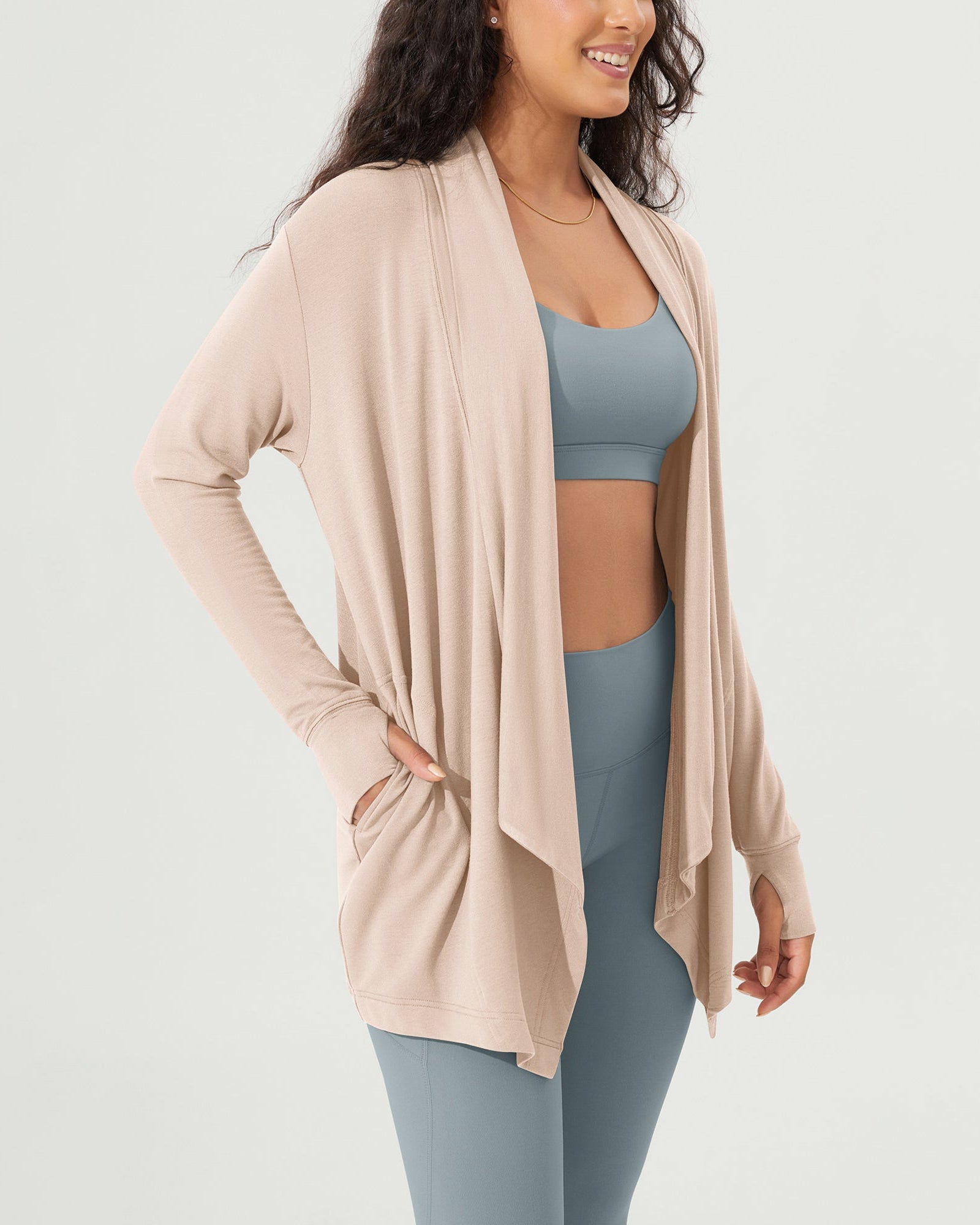 Drape Open Front Cozy Soft Cardigans Outerwear with Pockets Thumb Hole - ododos