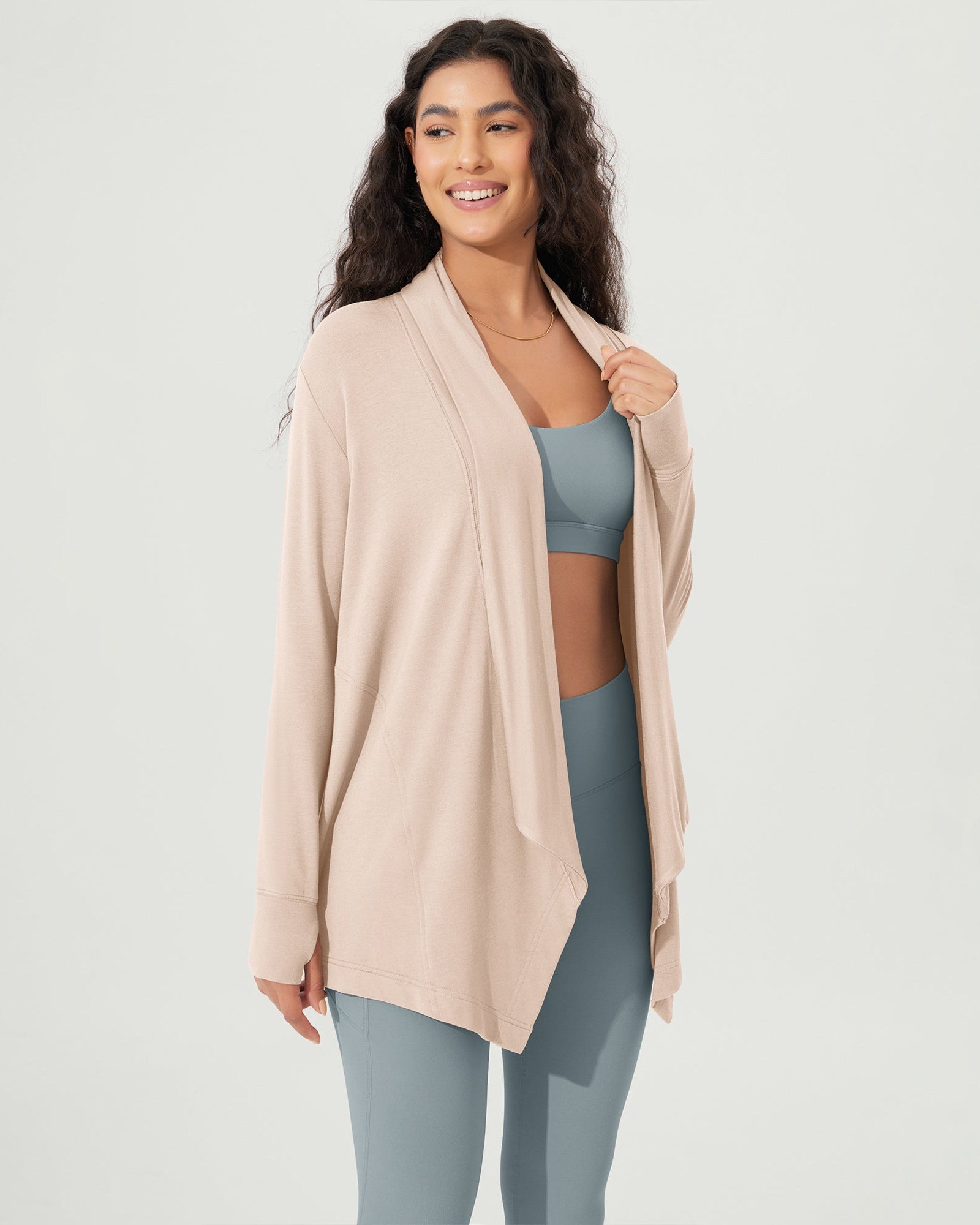 Drape Open Front Cozy Soft Cardigans Outerwear with Pockets Thumb Hole - ododos