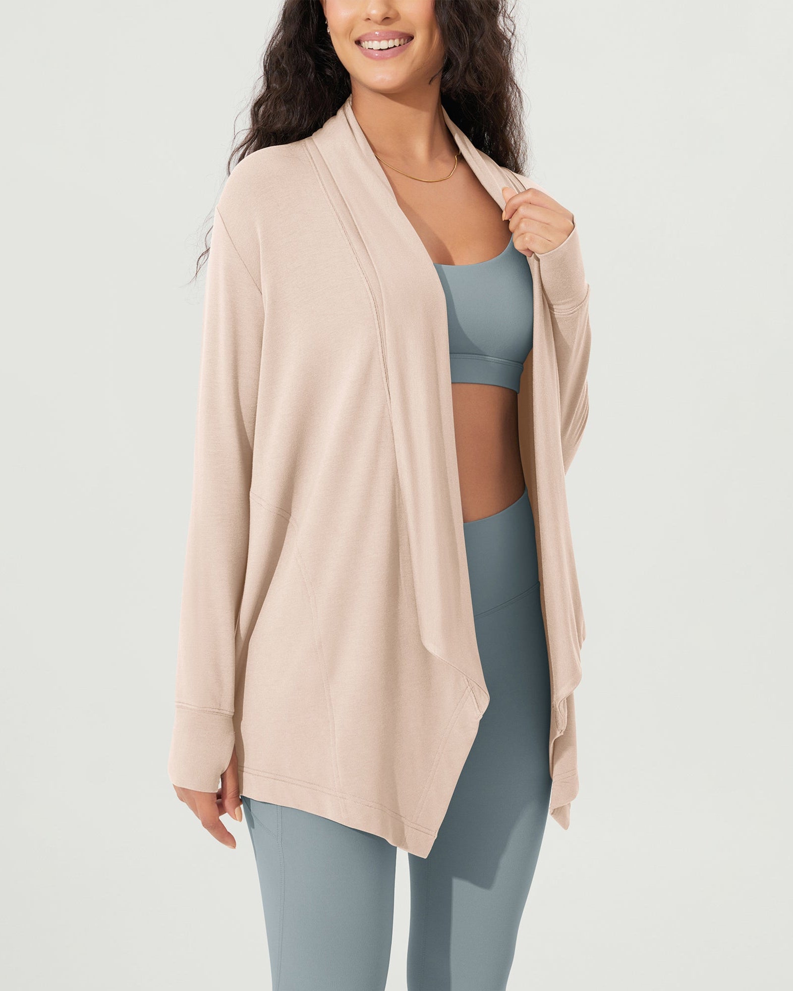Drape Open Front Cozy Soft Cardigans Outerwear with Pockets Thumb Hole - ododos