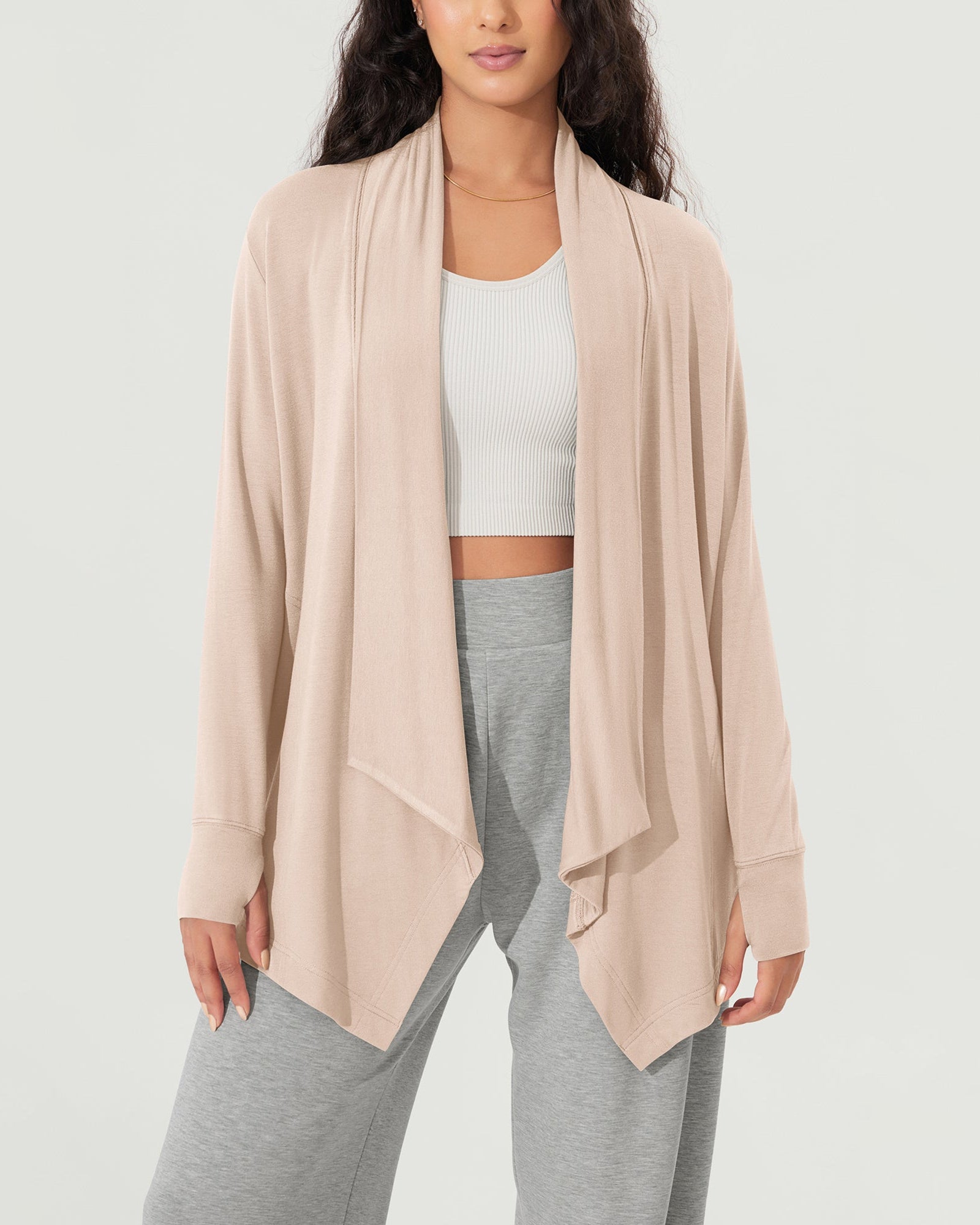 Drape Open Front Cozy Soft Cardigans Outerwear with Pockets Thumb Hole - ododos