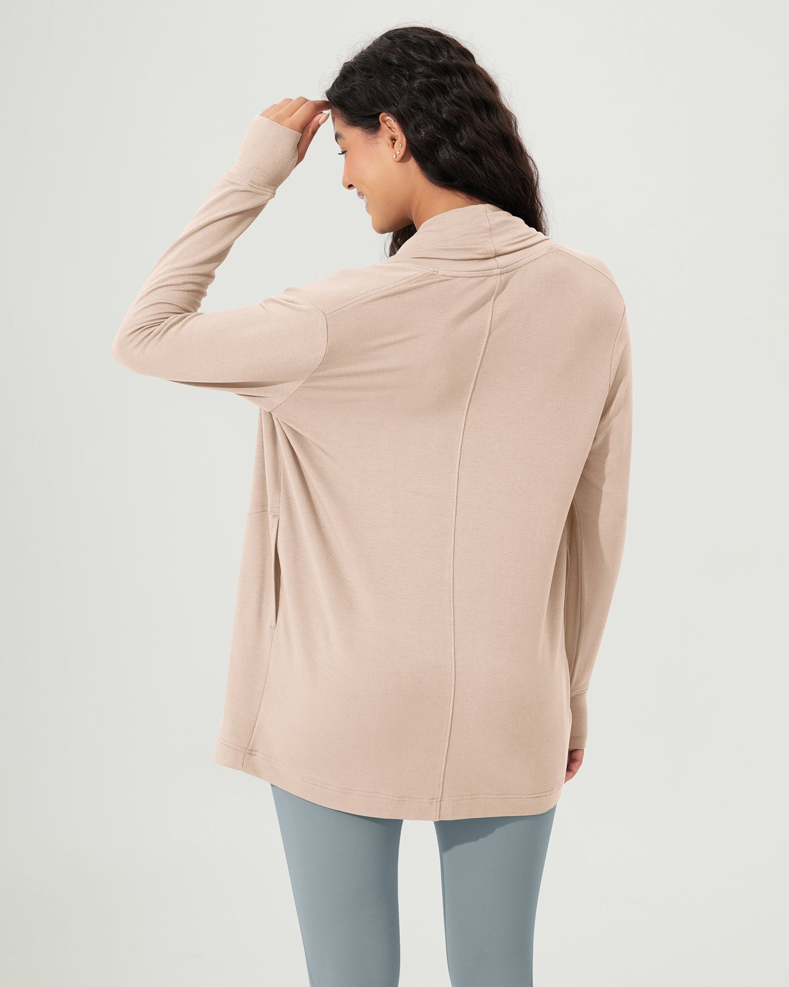 Drape Open Front Cozy Soft Cardigans Outerwear with Pockets Thumb Hole - ododos