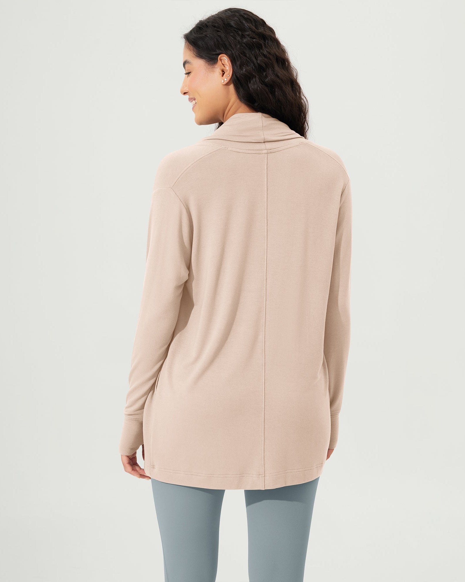 Drape Open Front Cozy Soft Cardigans Outerwear with Pockets Thumb Hole - ododos