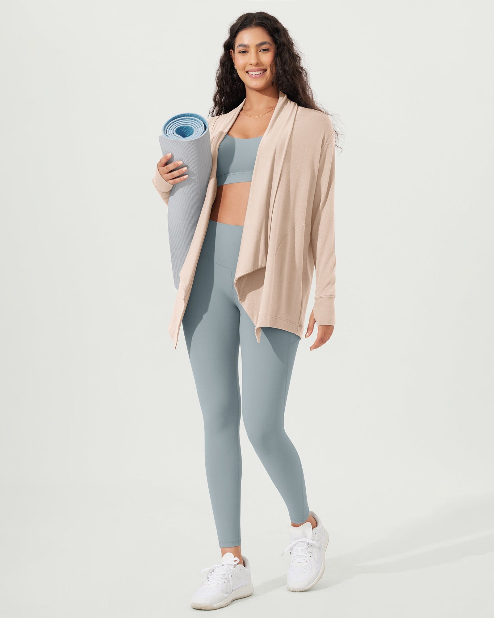 Drape Open Front Cozy Soft Cardigans Outerwear with Pockets Thumb Hole - ododos