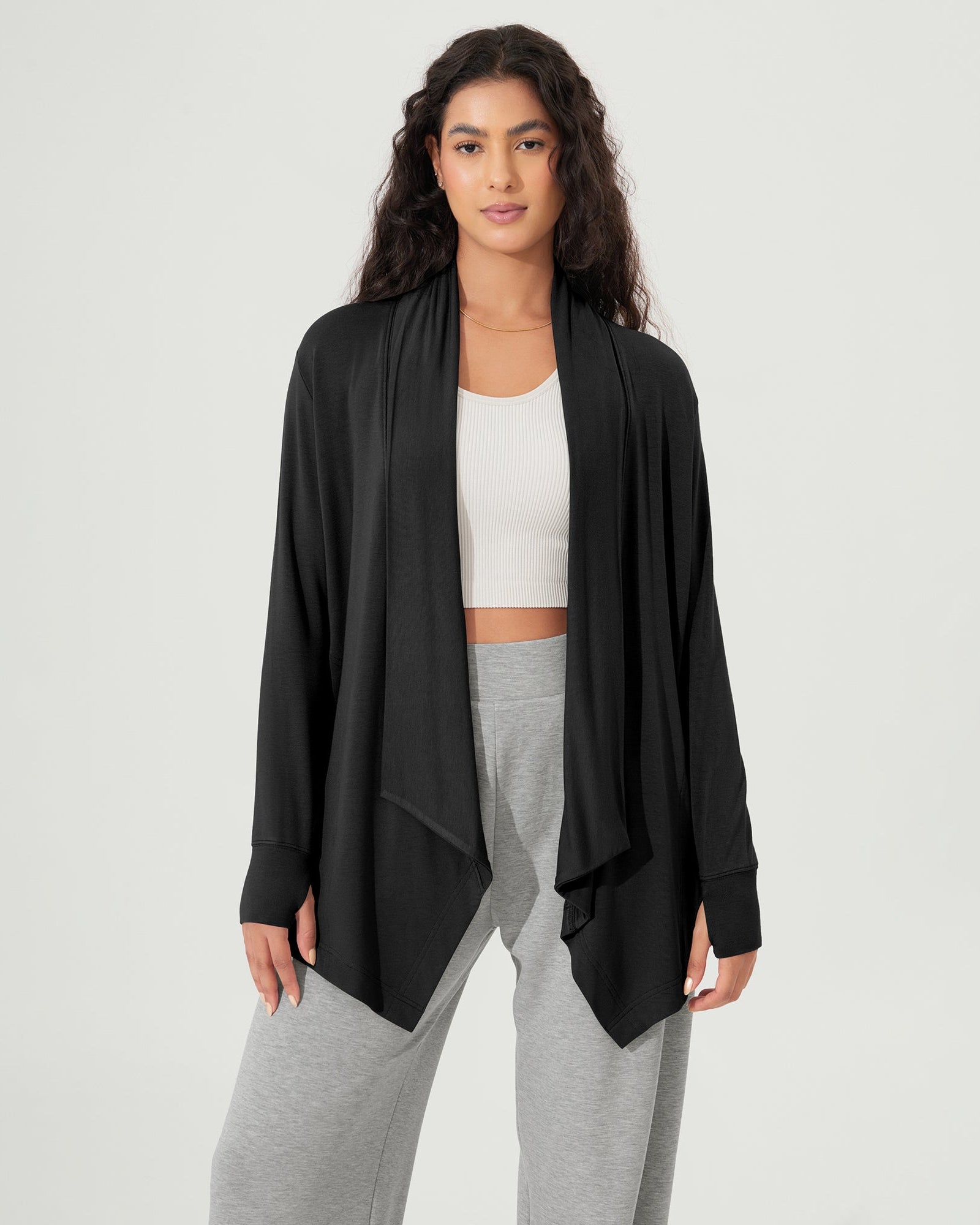 Drape Open Front Cozy Soft Cardigans Outerwear with Pockets Thumb Hole Black - ododos