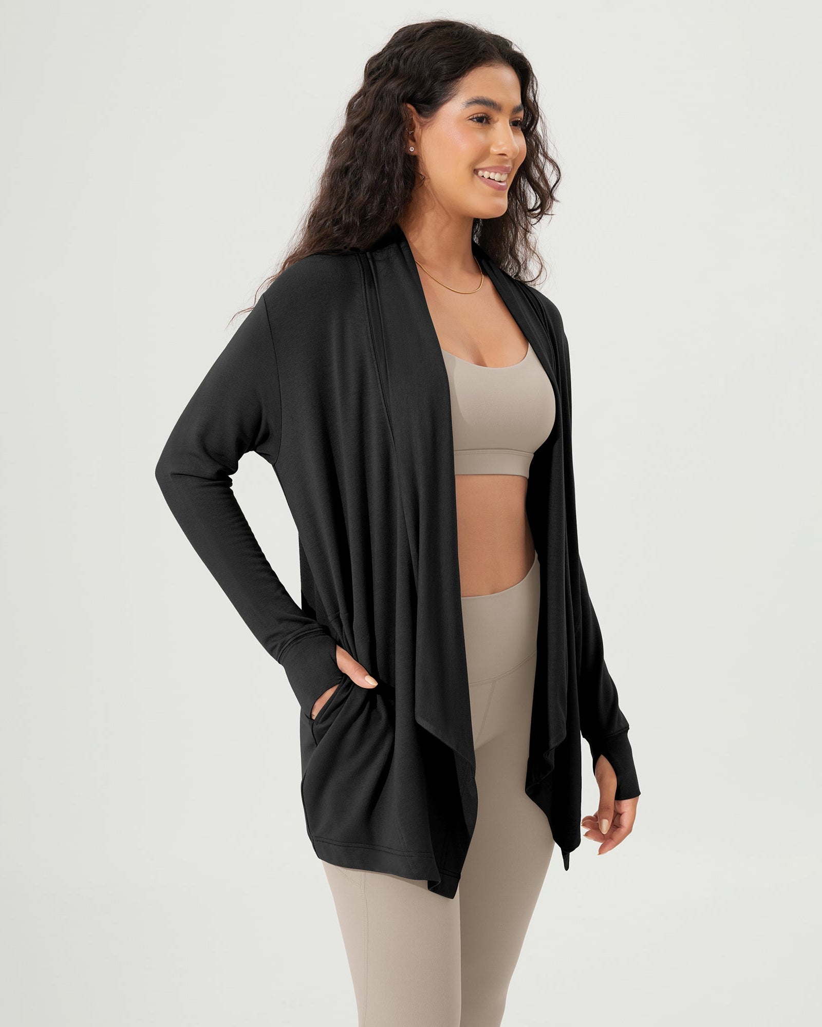 Drape Open Front Cozy Soft Cardigans Outerwear with Pockets Thumb Hole - ododos