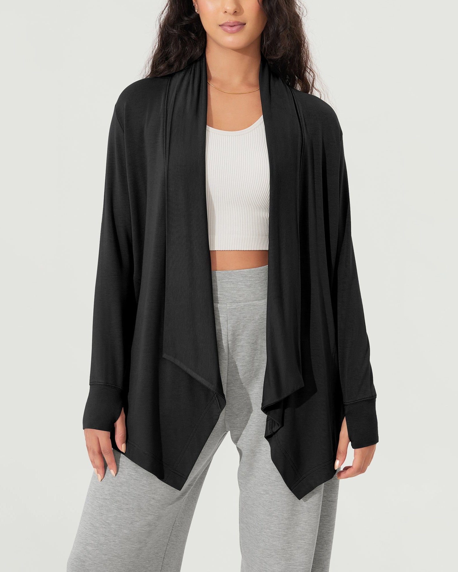 Drape Open Front Cozy Soft Cardigans Outerwear with Pockets Thumb Hole - ododos