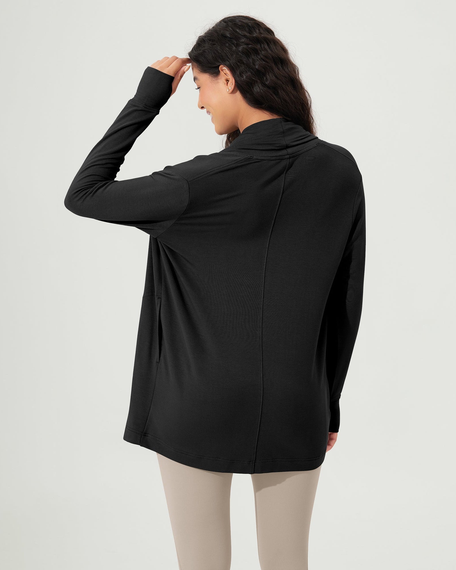 Drape Open Front Cozy Soft Cardigans Outerwear with Pockets Thumb Hole - ododos