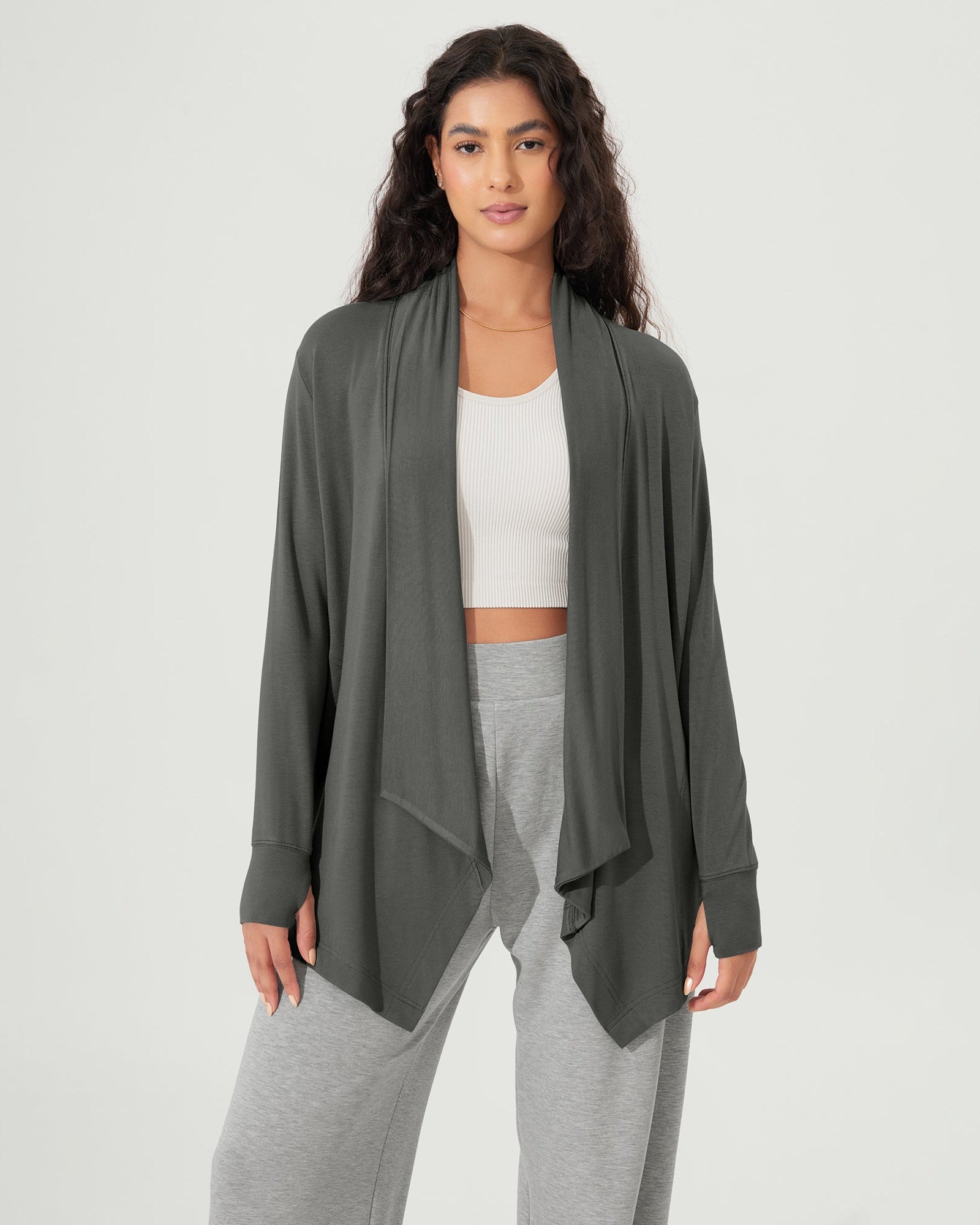 Drape Open Front Cozy Soft Cardigans Outerwear with Pockets Thumb Hole Charcoal - ododos