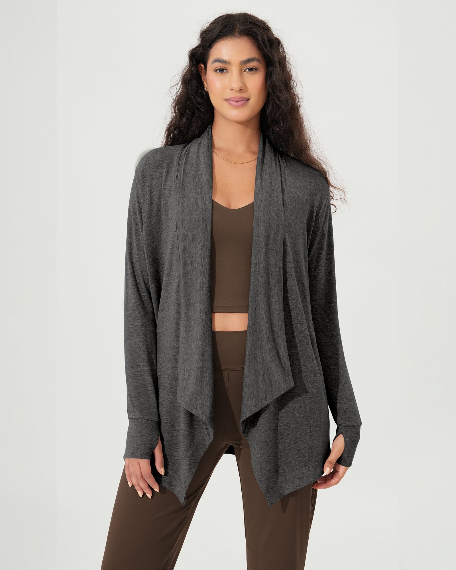 Drape Open Front Cozy Soft Cardigans Outerwear with Pockets Thumb Hole Charcoal Heather - ododos