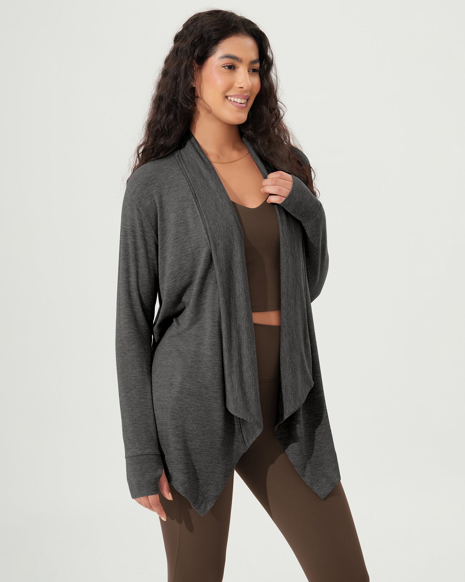 Drape Open Front Cozy Soft Cardigans Outerwear with Pockets Thumb Hole - ododos