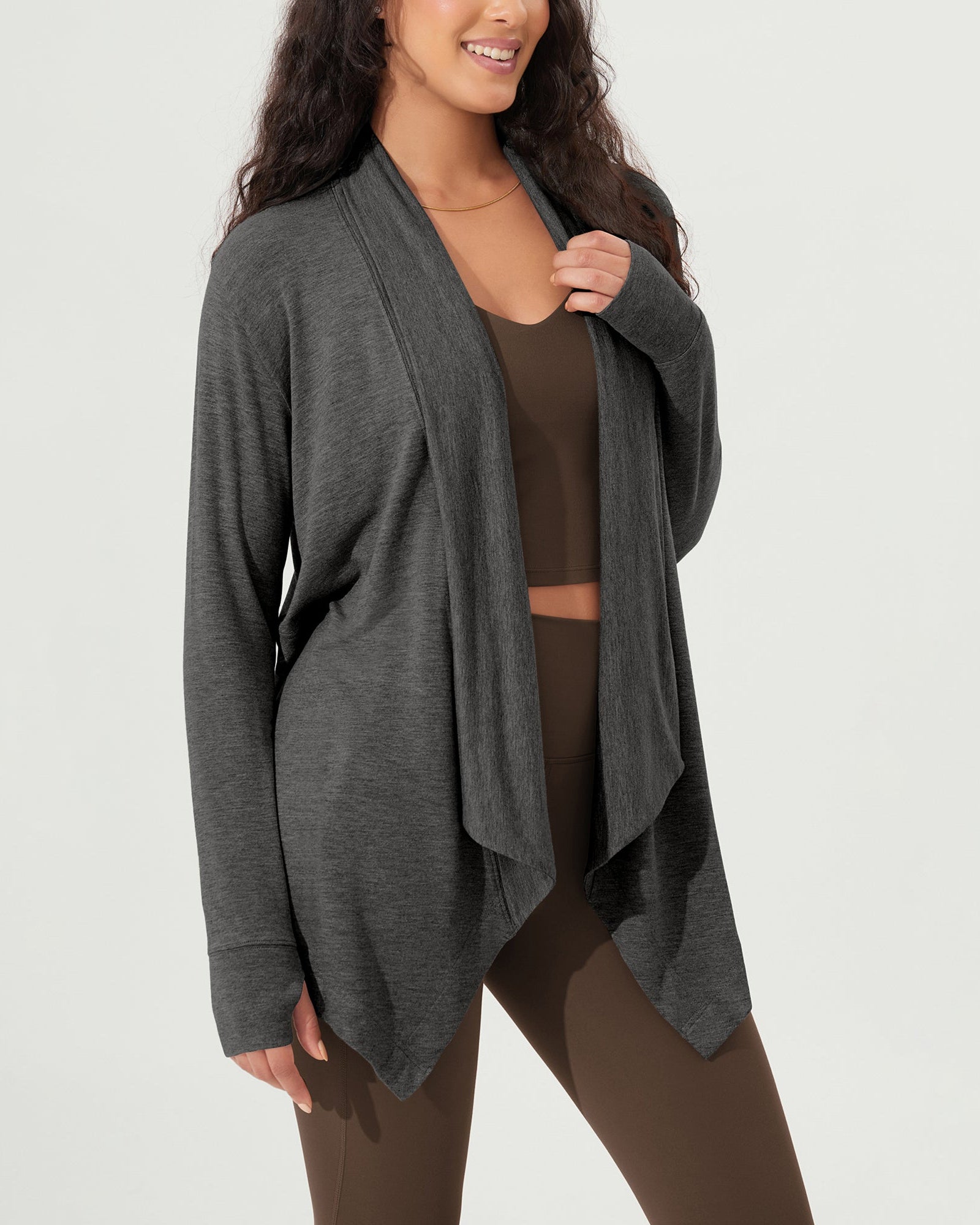 Drape Open Front Cozy Soft Cardigans Outerwear with Pockets Thumb Hole - ododos