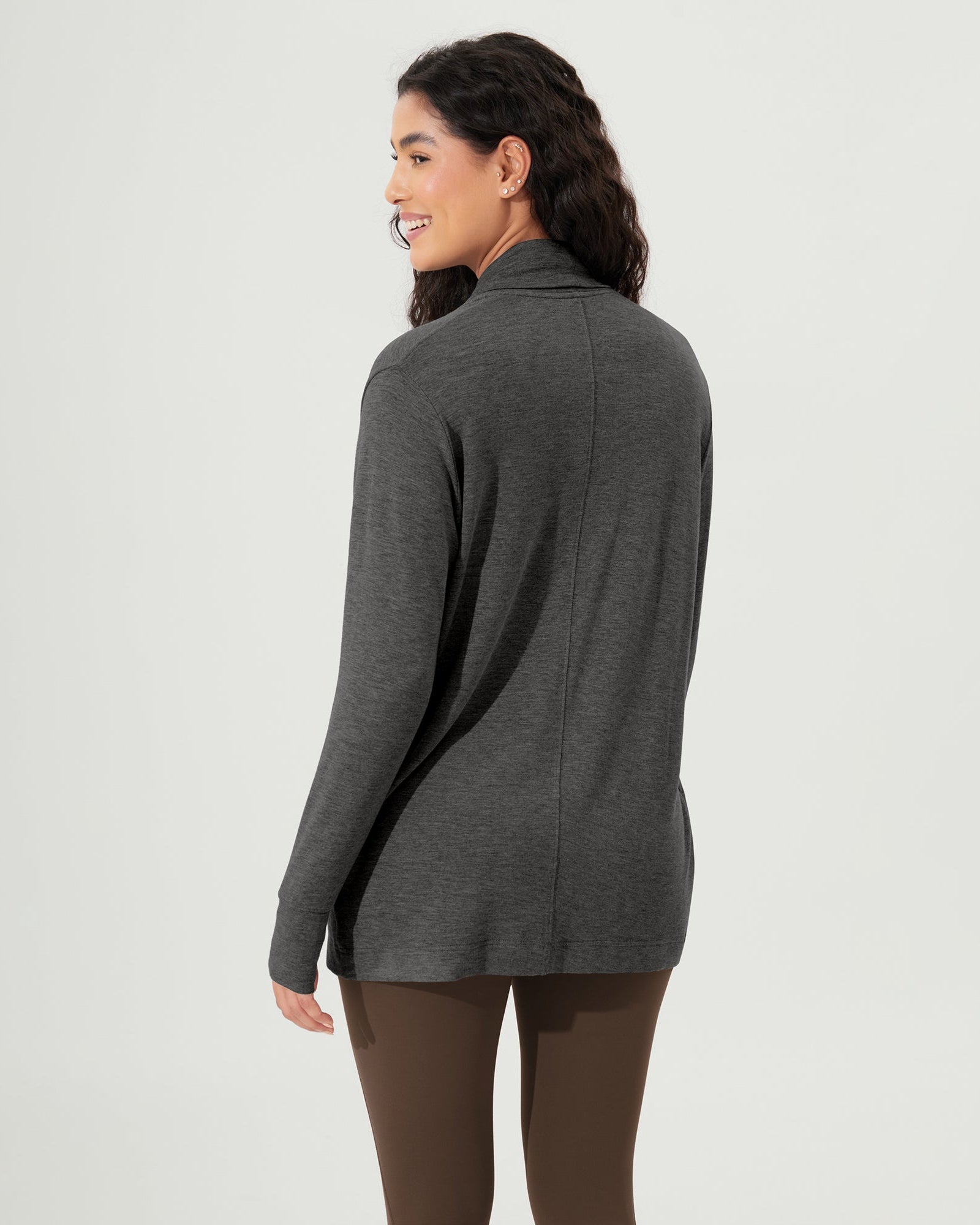 Drape Open Front Cozy Soft Cardigans Outerwear with Pockets Thumb Hole - ododos