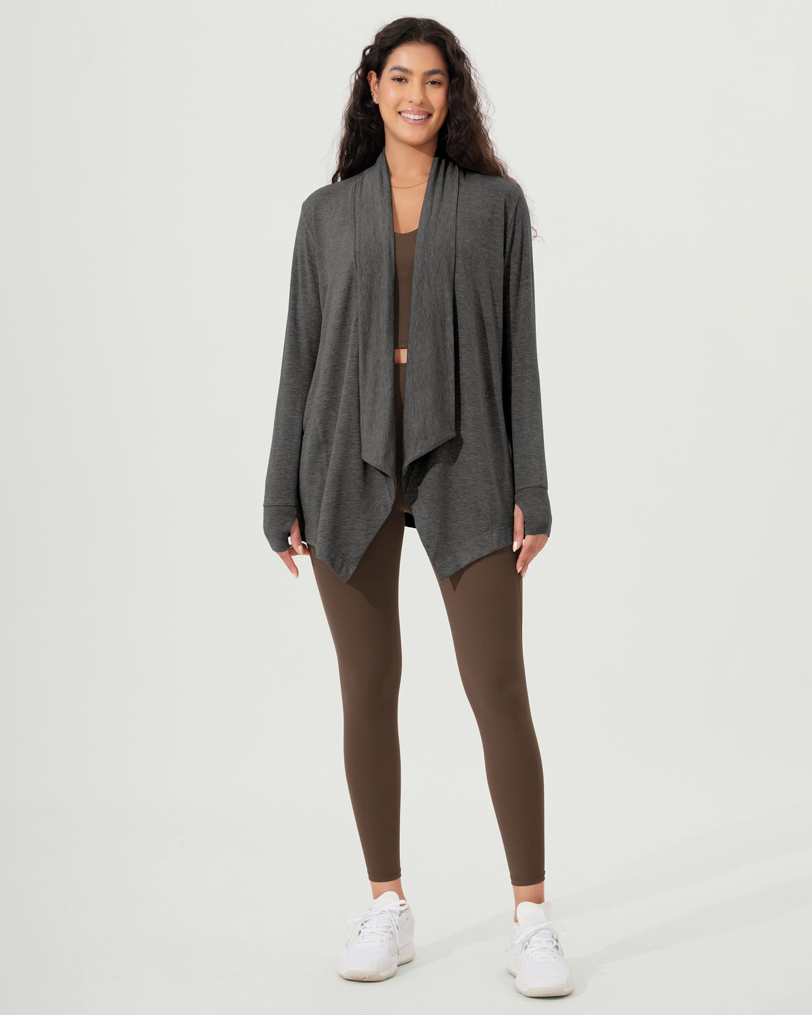 Drape Open Front Cozy Soft Cardigans Outerwear with Pockets Thumb Hole - ododos