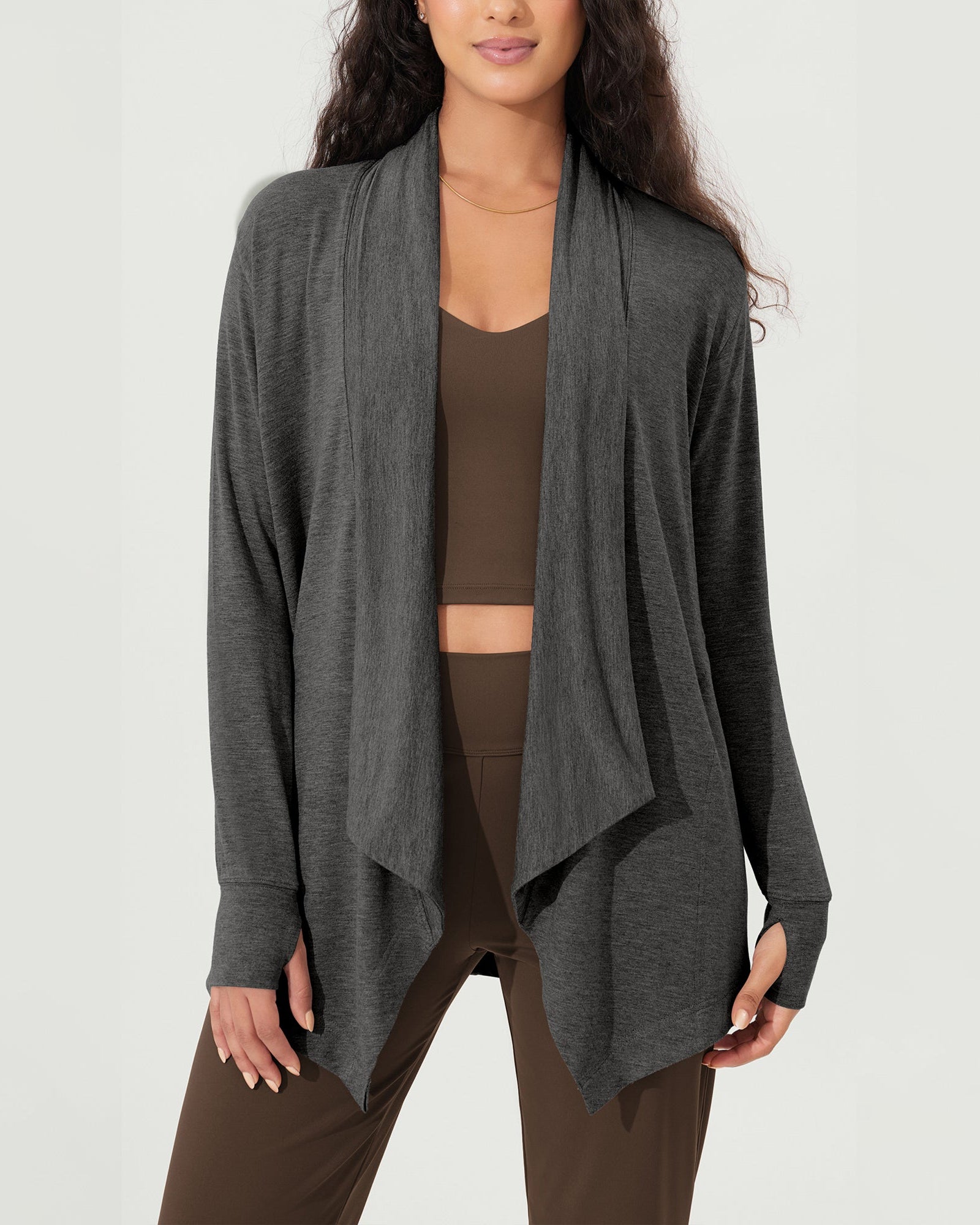 Drape Open Front Cozy Soft Cardigans Outerwear with Pockets Thumb Hole - ododos