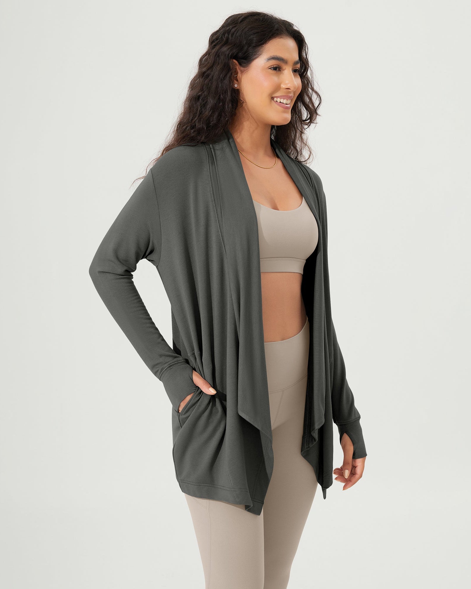 Drape Open Front Cozy Soft Cardigans Outerwear with Pockets Thumb Hole - ododos