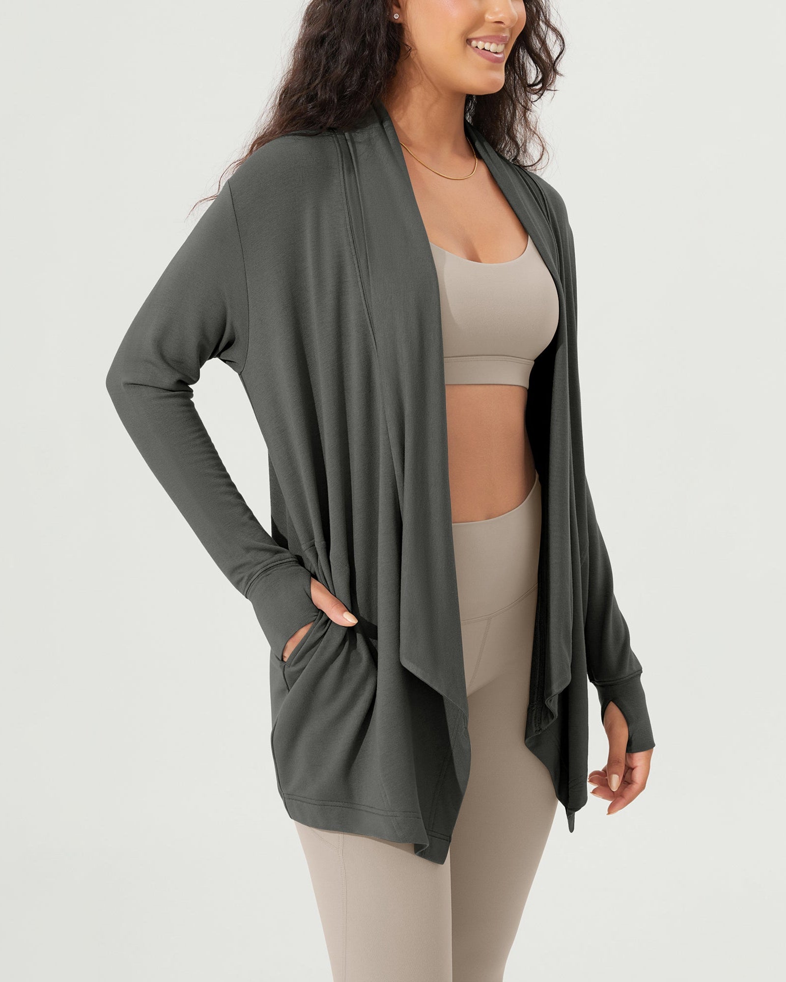 Drape Open Front Cozy Soft Cardigans Outerwear with Pockets Thumb Hole - ododos