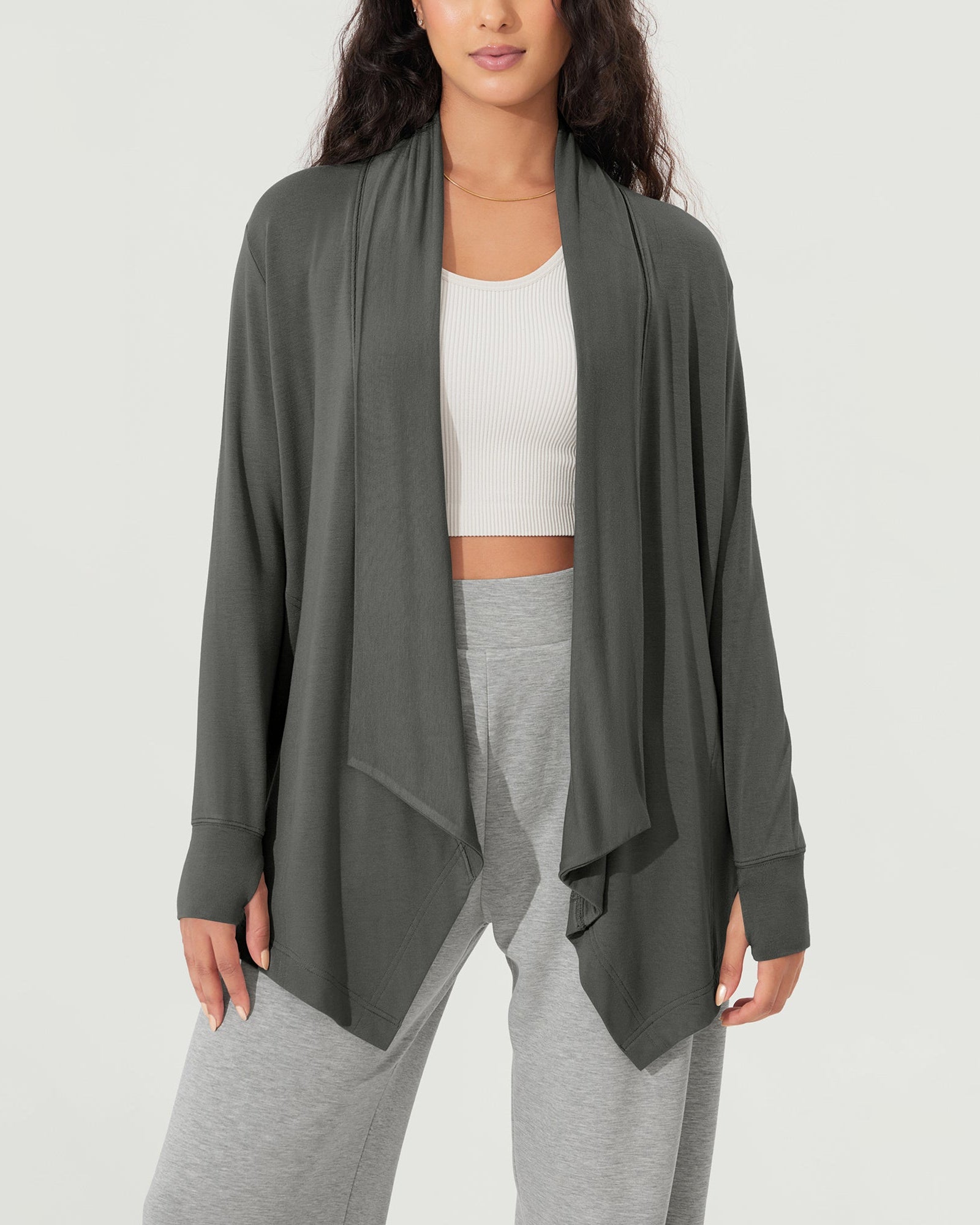 Drape Open Front Cozy Soft Cardigans Outerwear with Pockets Thumb Hole - ododos
