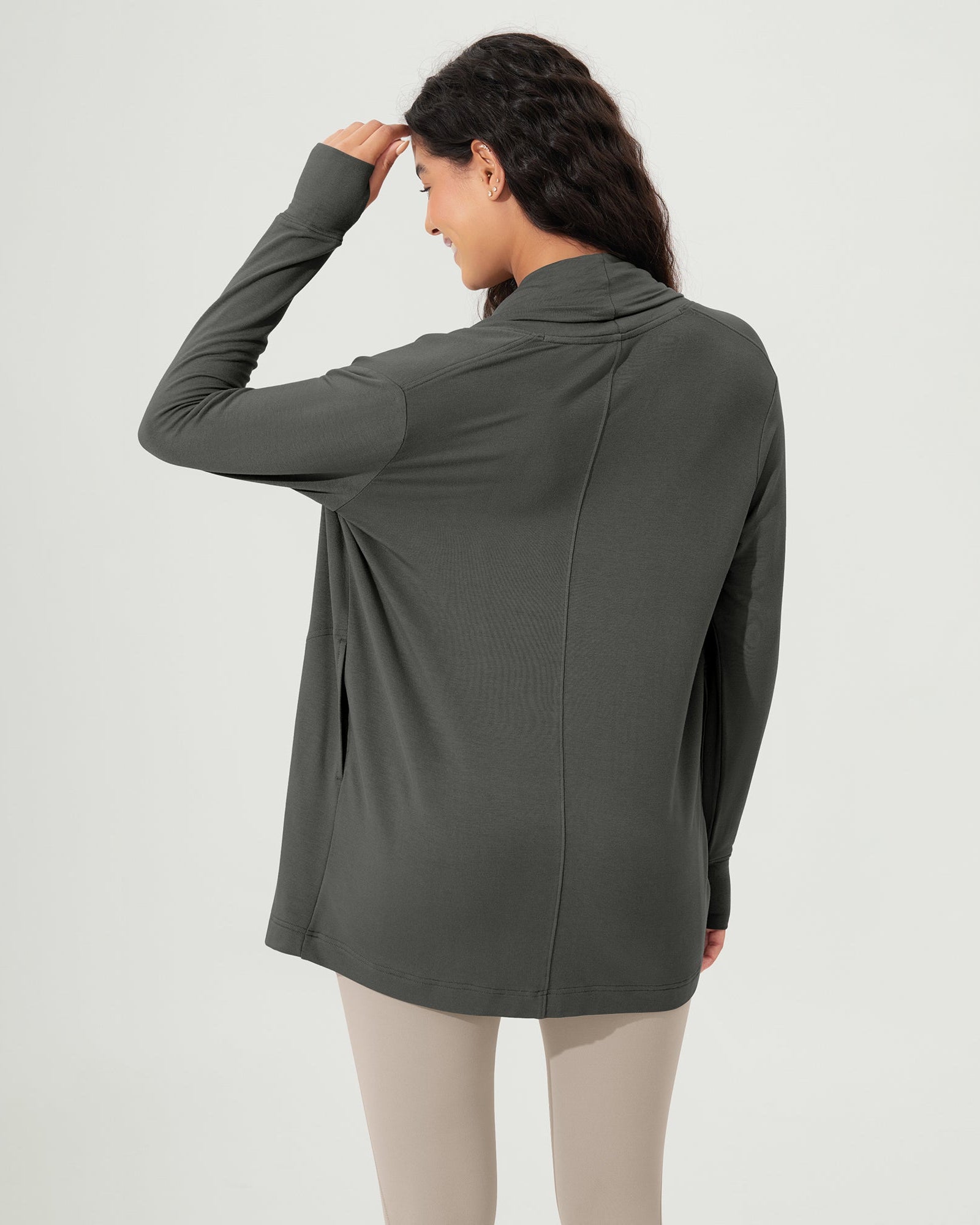 Drape Open Front Cozy Soft Cardigans Outerwear with Pockets Thumb Hole - ododos