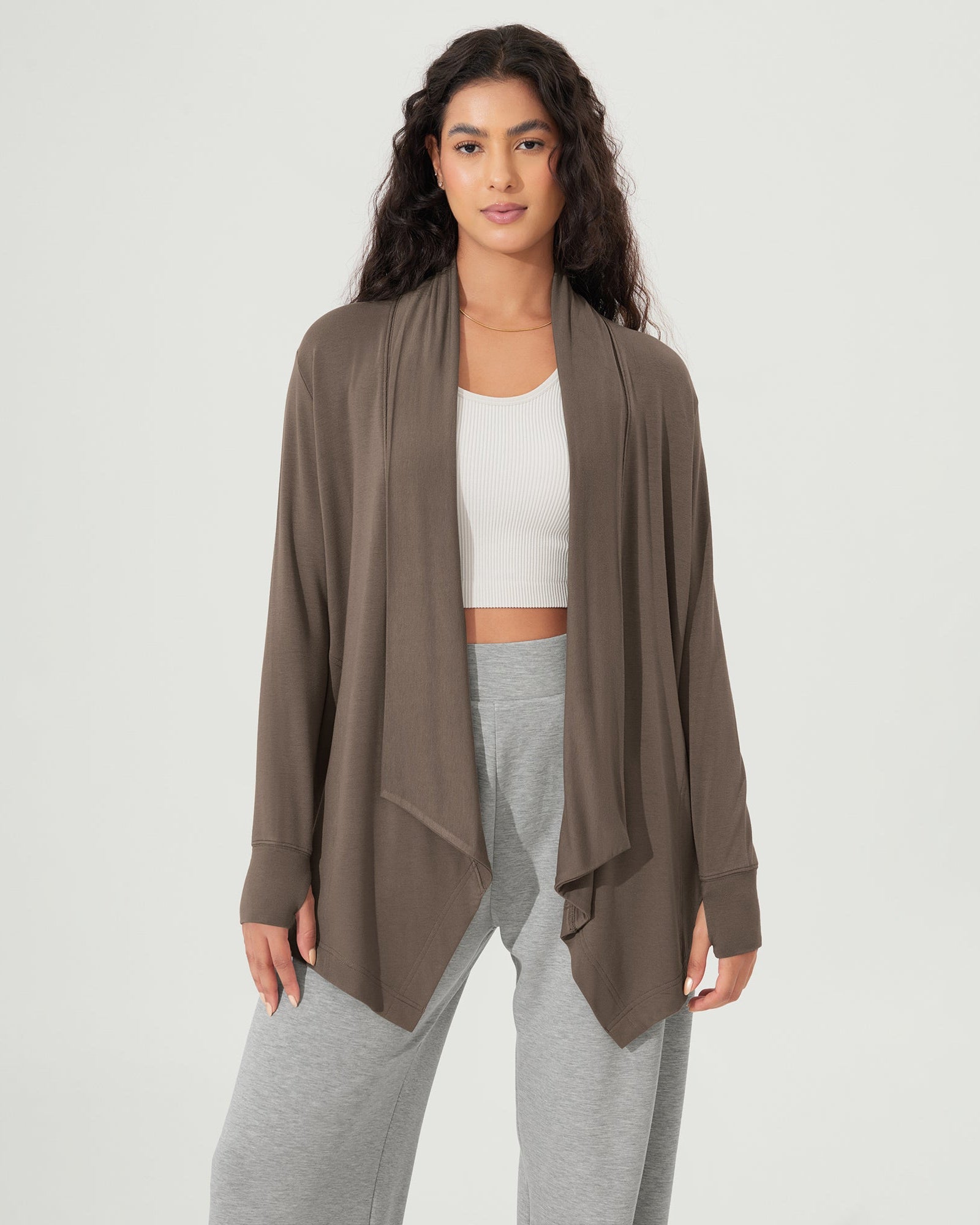 Drape Open Front Cozy Soft Cardigans Outerwear with Pockets Thumb Hole Desert Palm - ododos